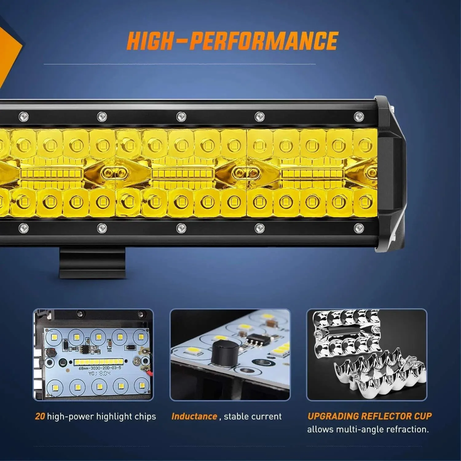 20 Inch 420W 42000LM Triple Row Amber Spot Flood LED Light Bar
