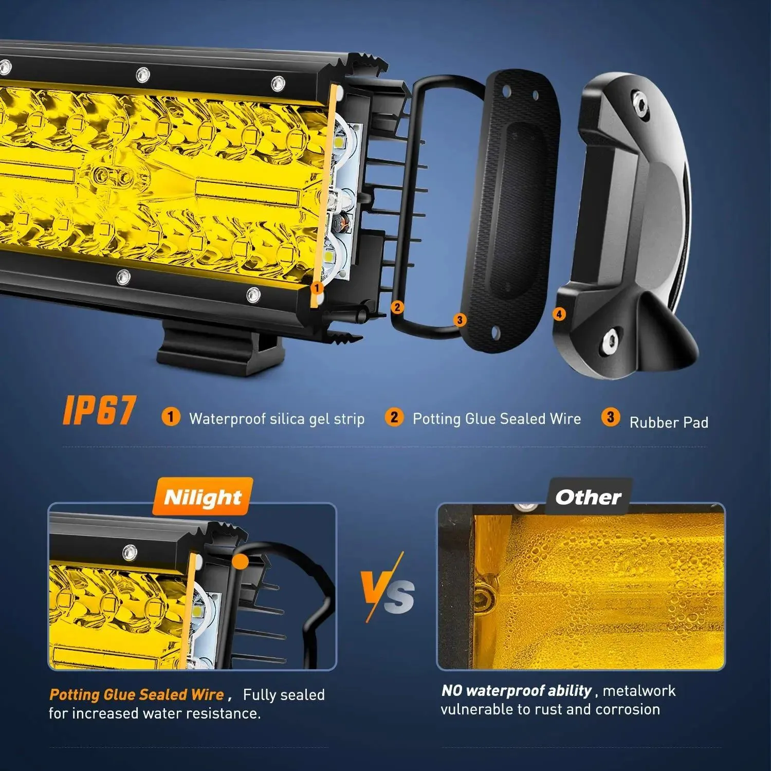 20 Inch 420W 42000LM Triple Row Amber Spot Flood LED Light Bar