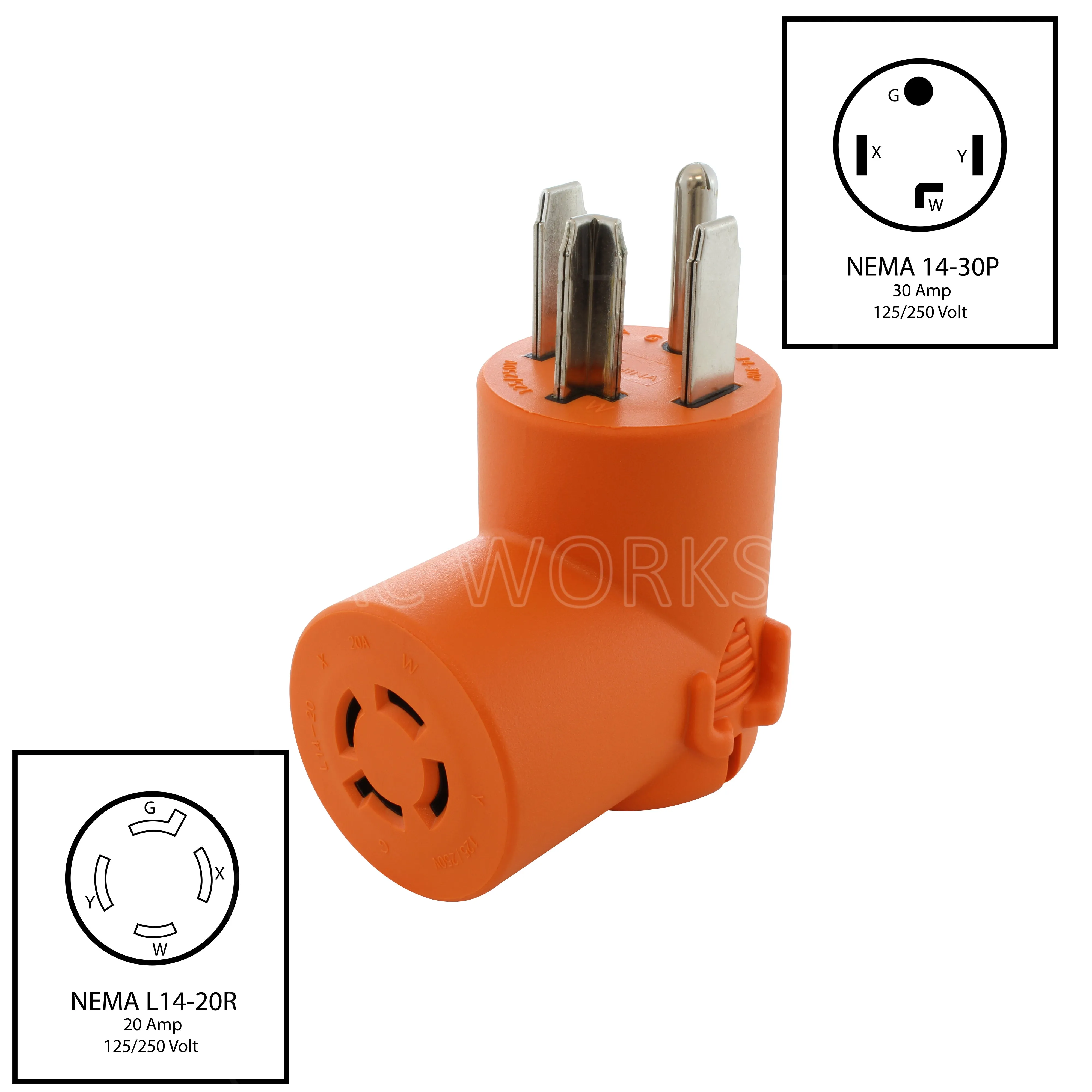AC WORKS® [AD1430L1420] Dryer Outlet Adapter 4-Prong Dryer Plug 14-30P to 4-Prong 20A Locking L14-20R