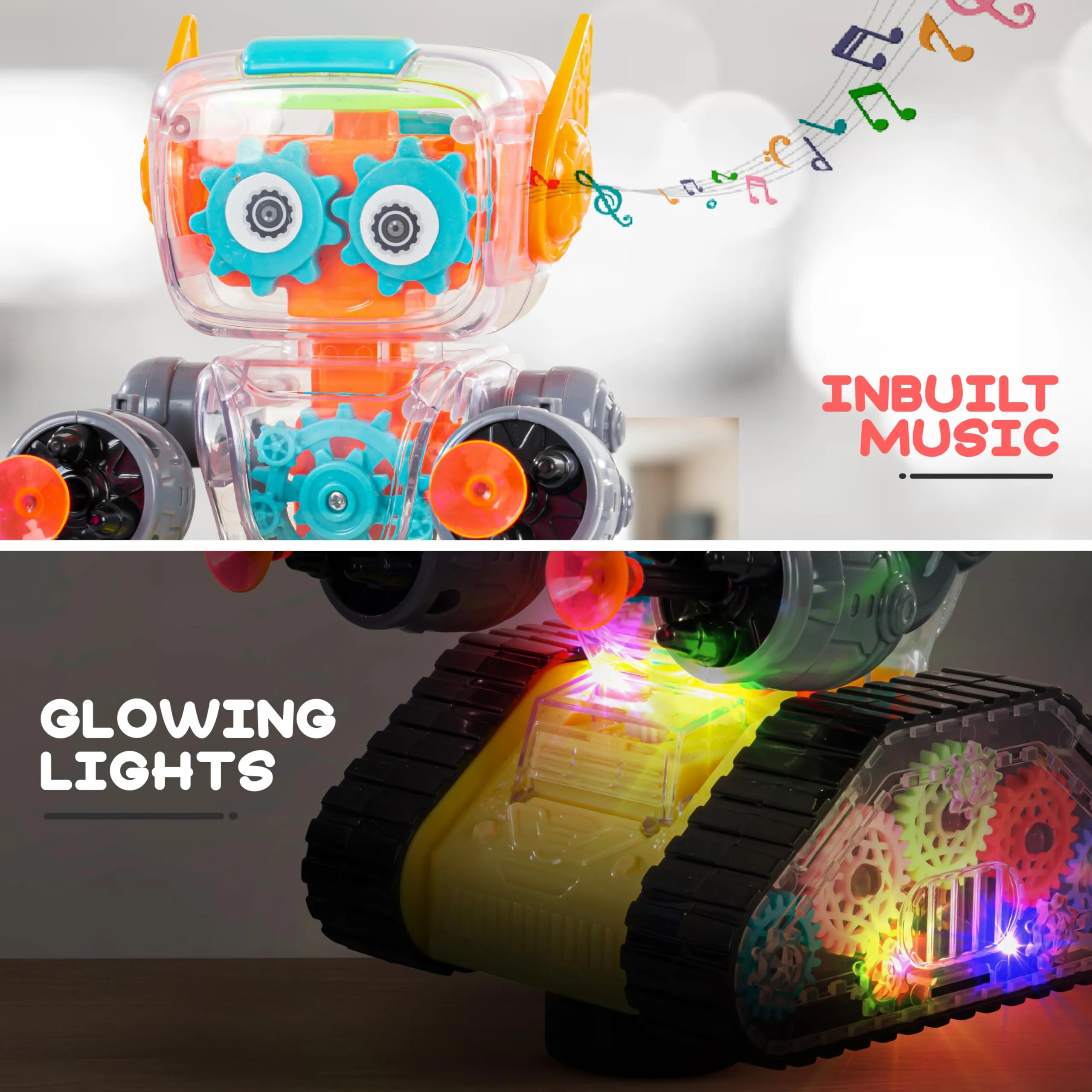 BAYBEE Transparent Robot Musical Toys for Kids with 360 Degree Rotation, Flashing LED Lights & Music