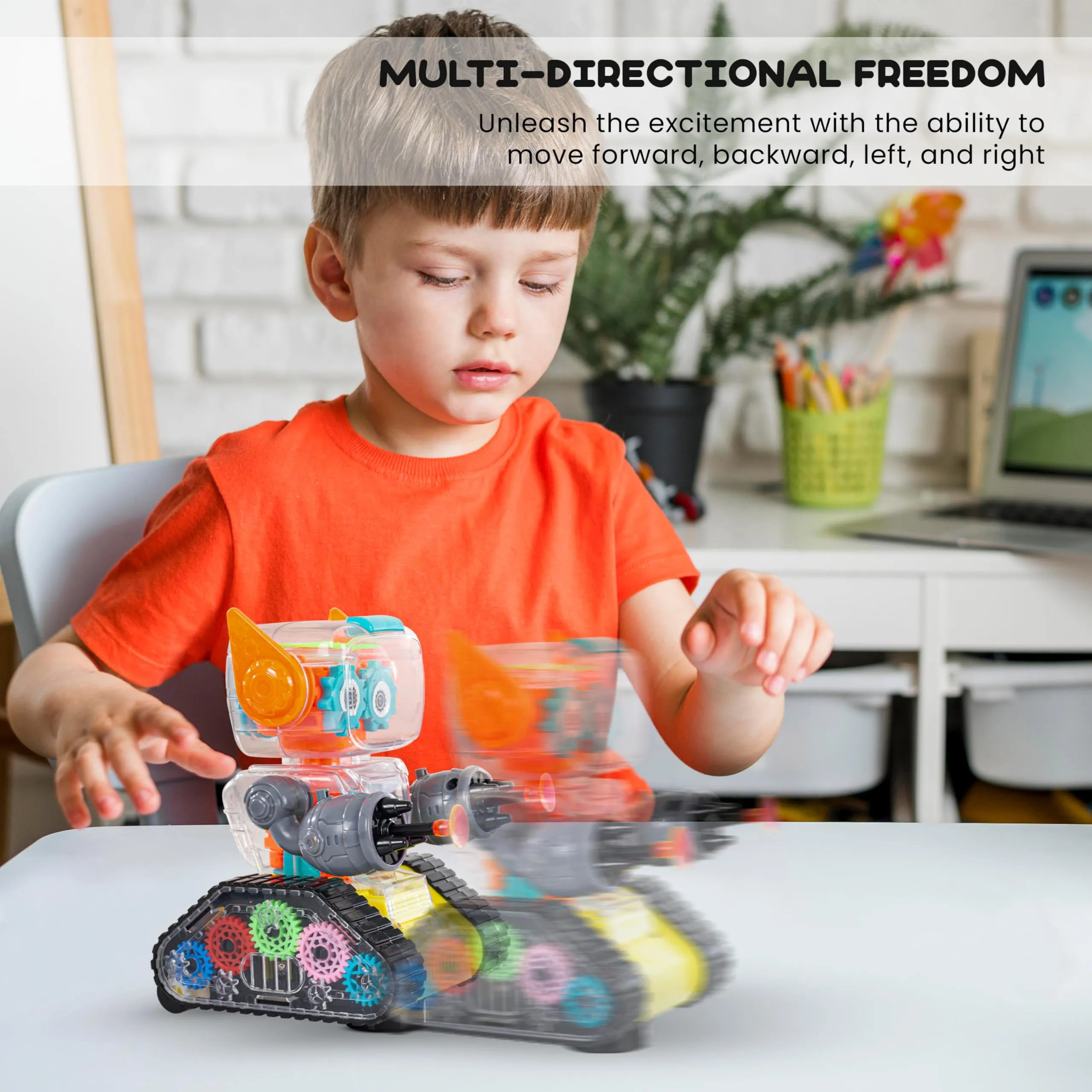 BAYBEE Transparent Robot Musical Toys for Kids with 360 Degree Rotation, Flashing LED Lights & Music