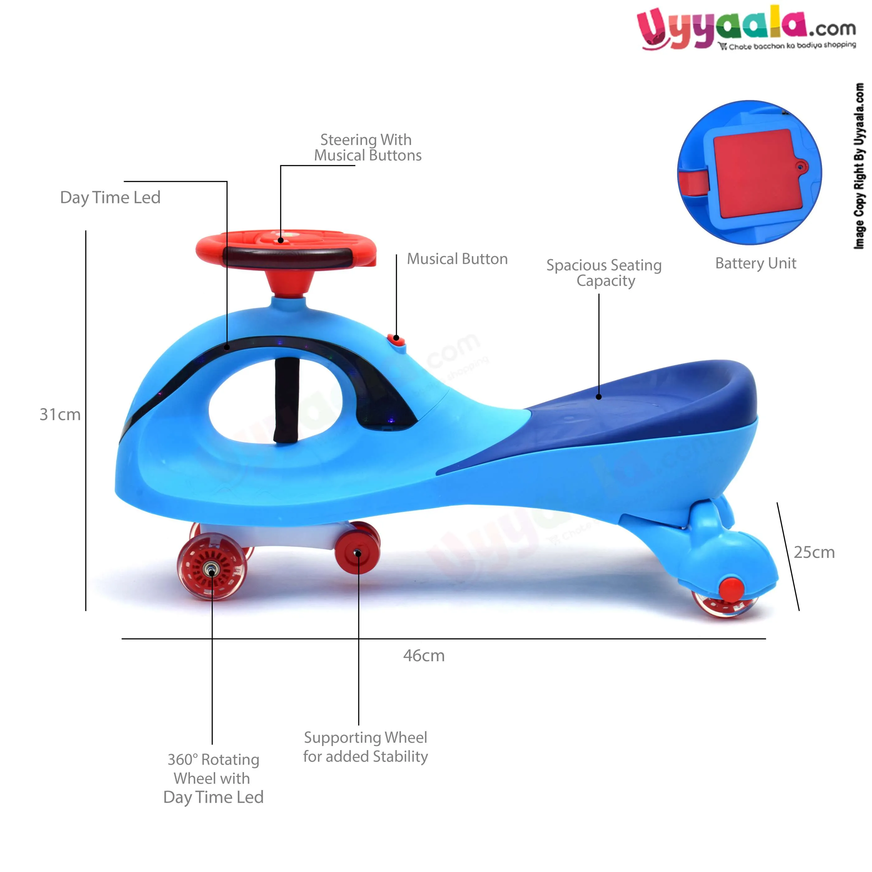 BAYBEE Twister swing car with music & lights for kids - 1  years, blue