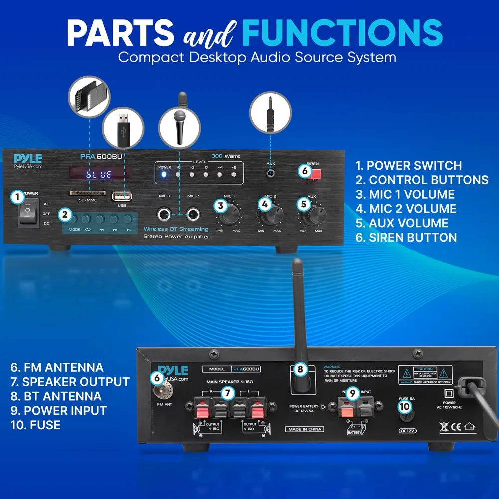 Bluetooth Public Address Amplifier - Compact Pa Speaker & Microphone Receiver System With (2) Mic Inputs, Mp3/Usb/Sd Readers, Fm Radio (300 Watt)