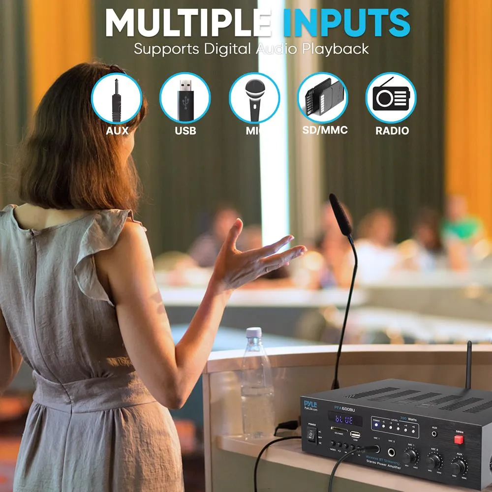 Bluetooth Public Address Amplifier - Compact Pa Speaker & Microphone Receiver System With (2) Mic Inputs, Mp3/Usb/Sd Readers, Fm Radio (300 Watt)
