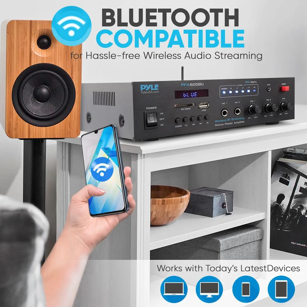 Bluetooth Public Address Amplifier - Compact Pa Speaker & Microphone Receiver System With (2) Mic Inputs, Mp3/Usb/Sd Readers, Fm Radio (300 Watt)