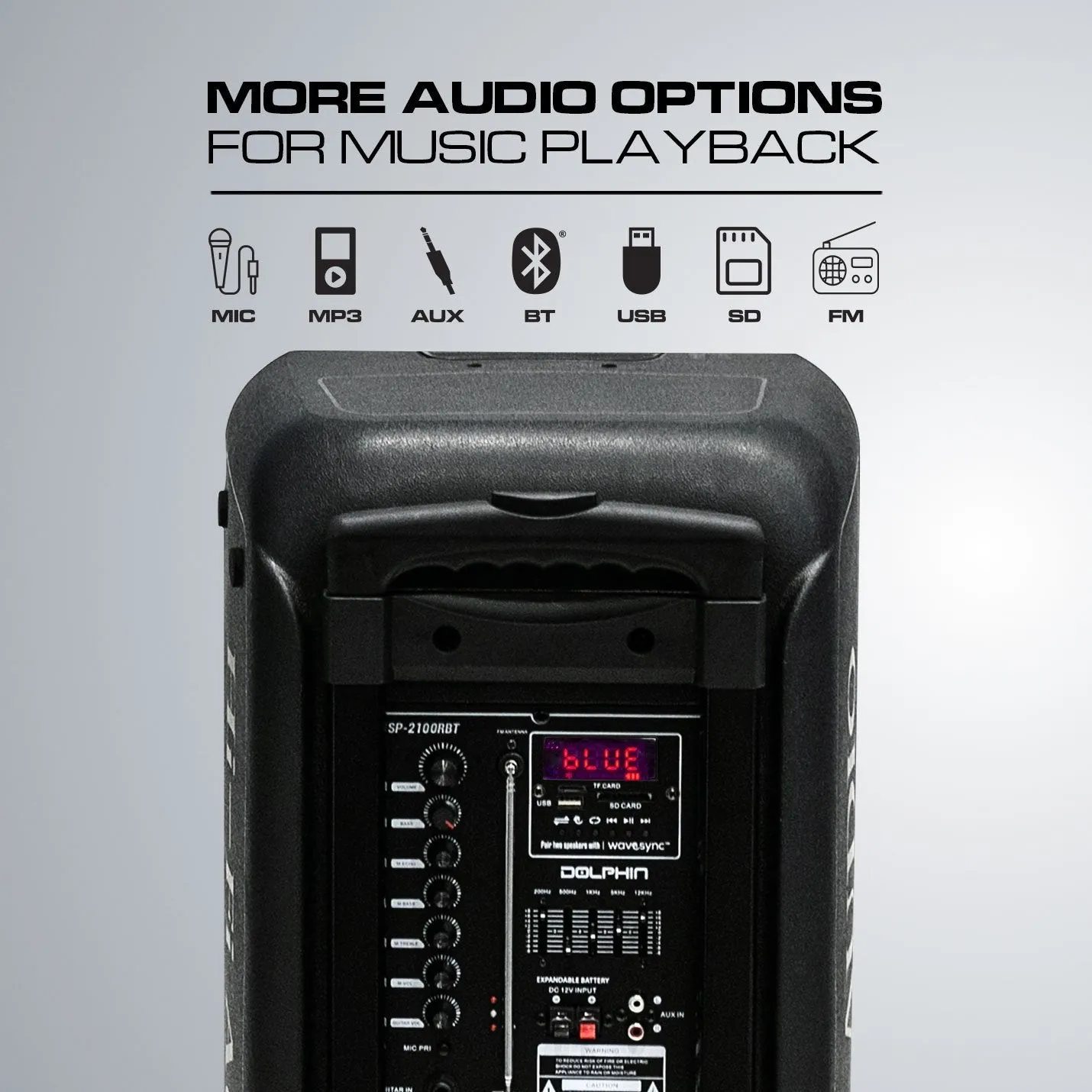 Brand New 3400W Dolphin SP-2100RBT Rechargeable Bluetooth Party Speaker Dual 10" WaveSync™