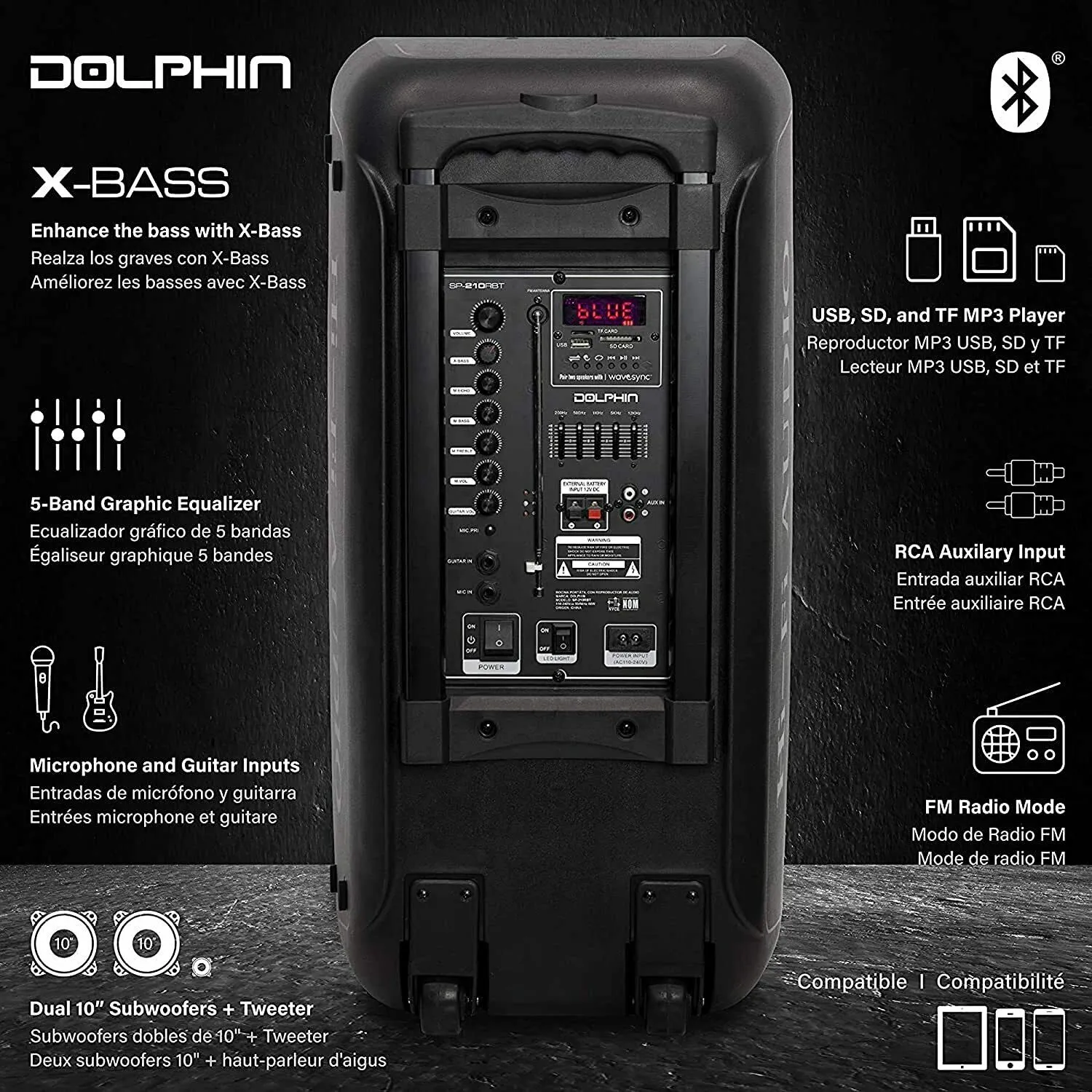 Brand New 3400W Dolphin SP-2100RBT Rechargeable Bluetooth Party Speaker Dual 10" WaveSync™