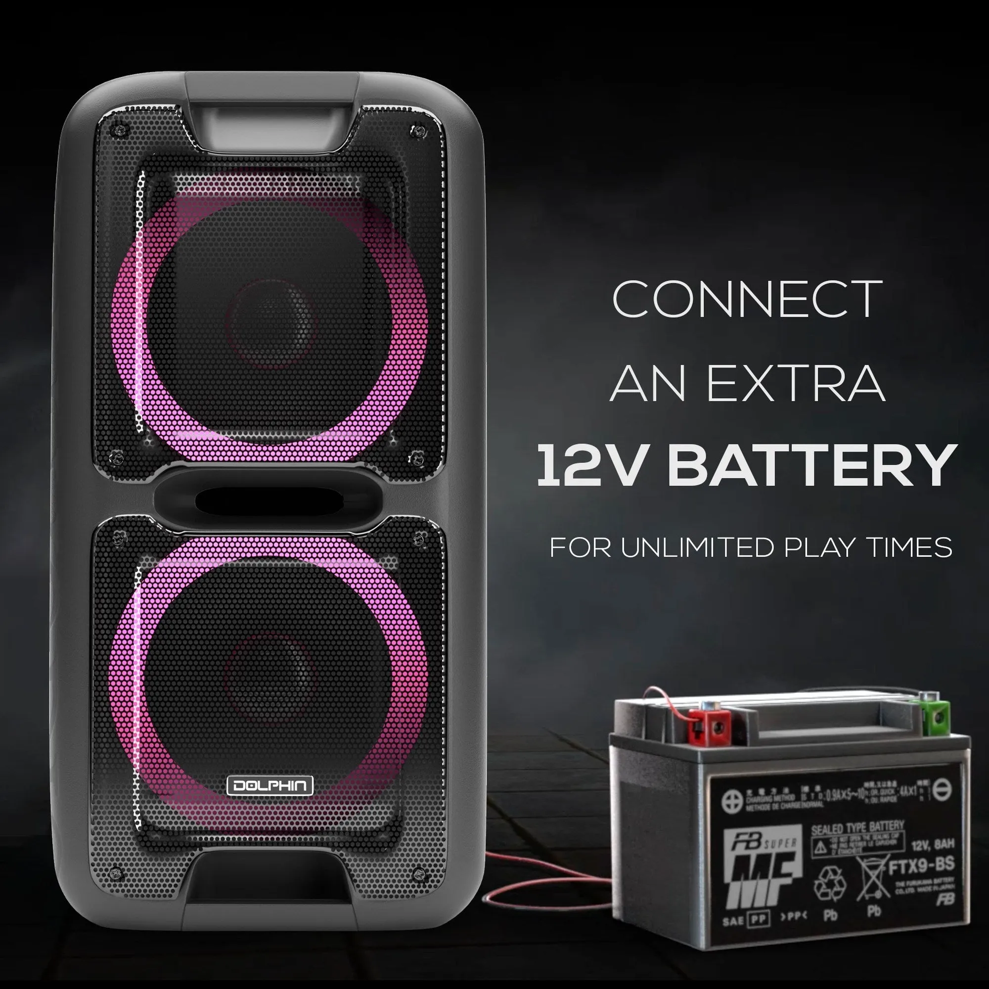 Brand New 3400W Dolphin SP-2100RBT Rechargeable Bluetooth Party Speaker Dual 10" WaveSync™
