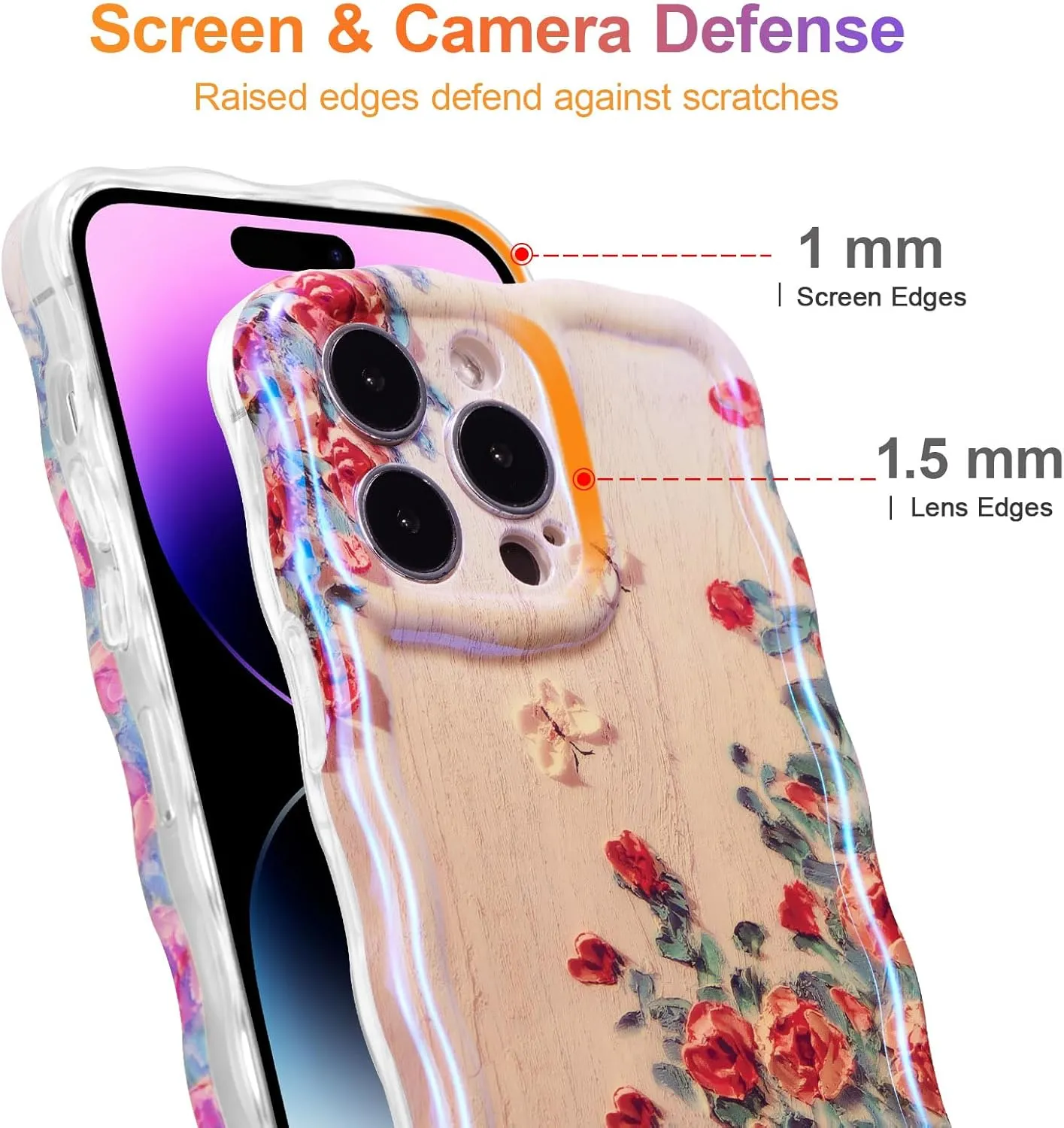 Case for iPhone 15 Pro Max, Colorful Retro Oil Painting Printed Flower Laser Glossy Pattern Cute Curly Wave Edge Exquisite Phone Cover Stylish Durable TPU Protective Case for Girls Women-Green
