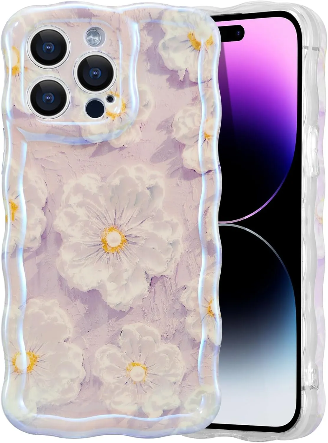 Case for iPhone 15 Pro Max, Colorful Retro Oil Painting Printed Flower Laser Glossy Pattern Cute Curly Wave Edge Exquisite Phone Cover Stylish Durable TPU Protective Case for Girls Women-Green