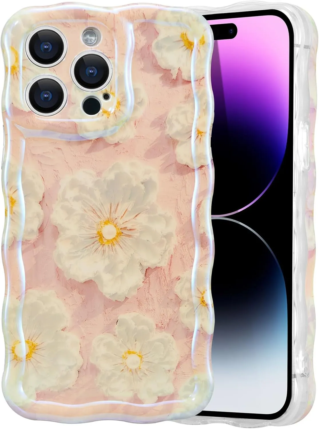 Case for iPhone 15 Pro Max, Colorful Retro Oil Painting Printed Flower Laser Glossy Pattern Cute Curly Wave Edge Exquisite Phone Cover Stylish Durable TPU Protective Case for Girls Women-Green