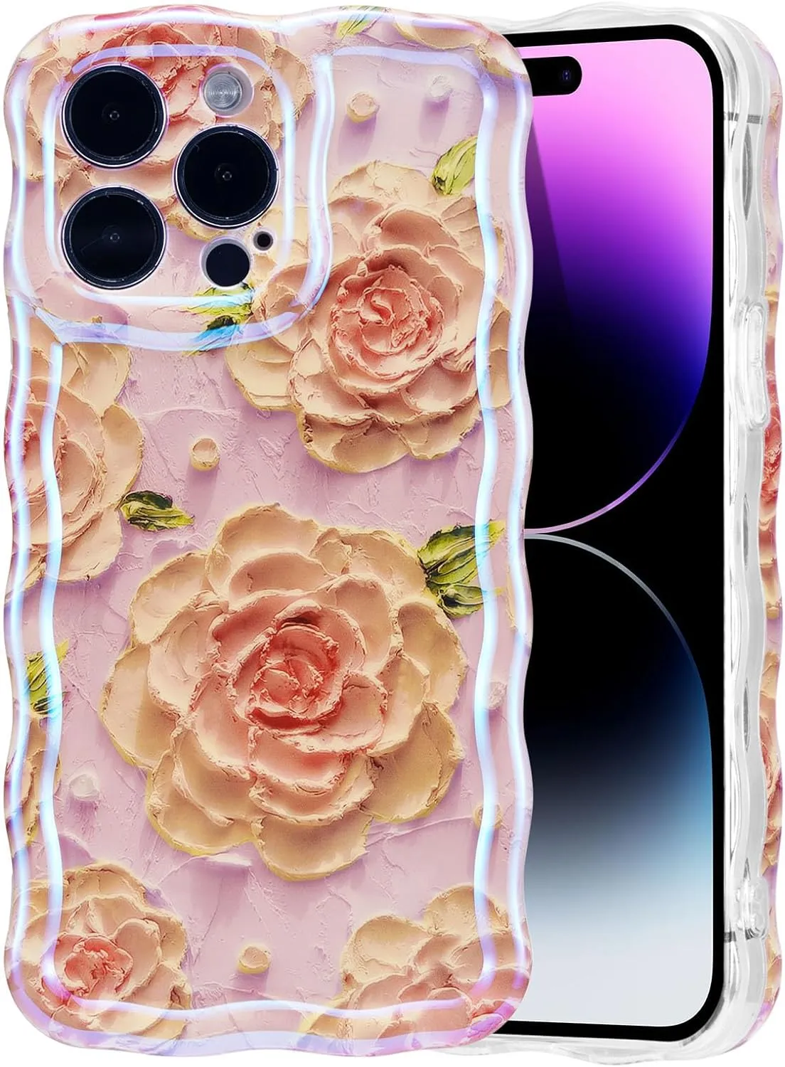 Case for iPhone 15 Pro Max, Colorful Retro Oil Painting Printed Flower Laser Glossy Pattern Cute Curly Wave Edge Exquisite Phone Cover Stylish Durable TPU Protective Case for Girls Women-Green