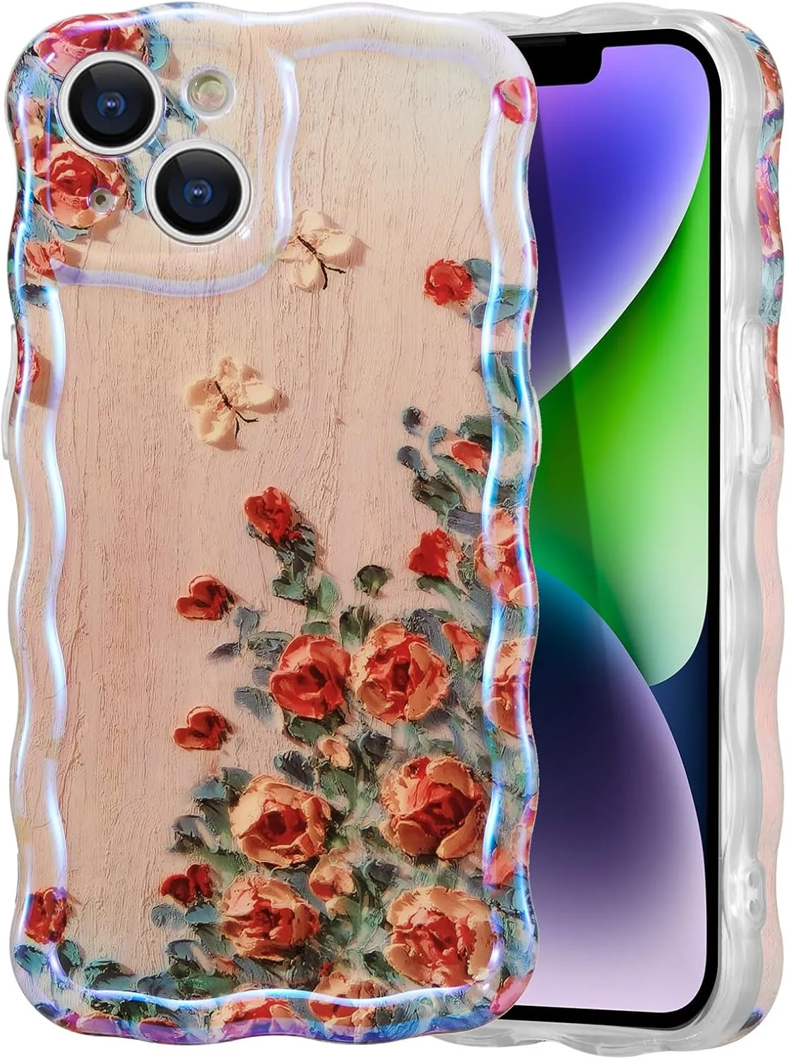 Case for iPhone 15 Pro Max, Colorful Retro Oil Painting Printed Flower Laser Glossy Pattern Cute Curly Wave Edge Exquisite Phone Cover Stylish Durable TPU Protective Case for Girls Women-Green