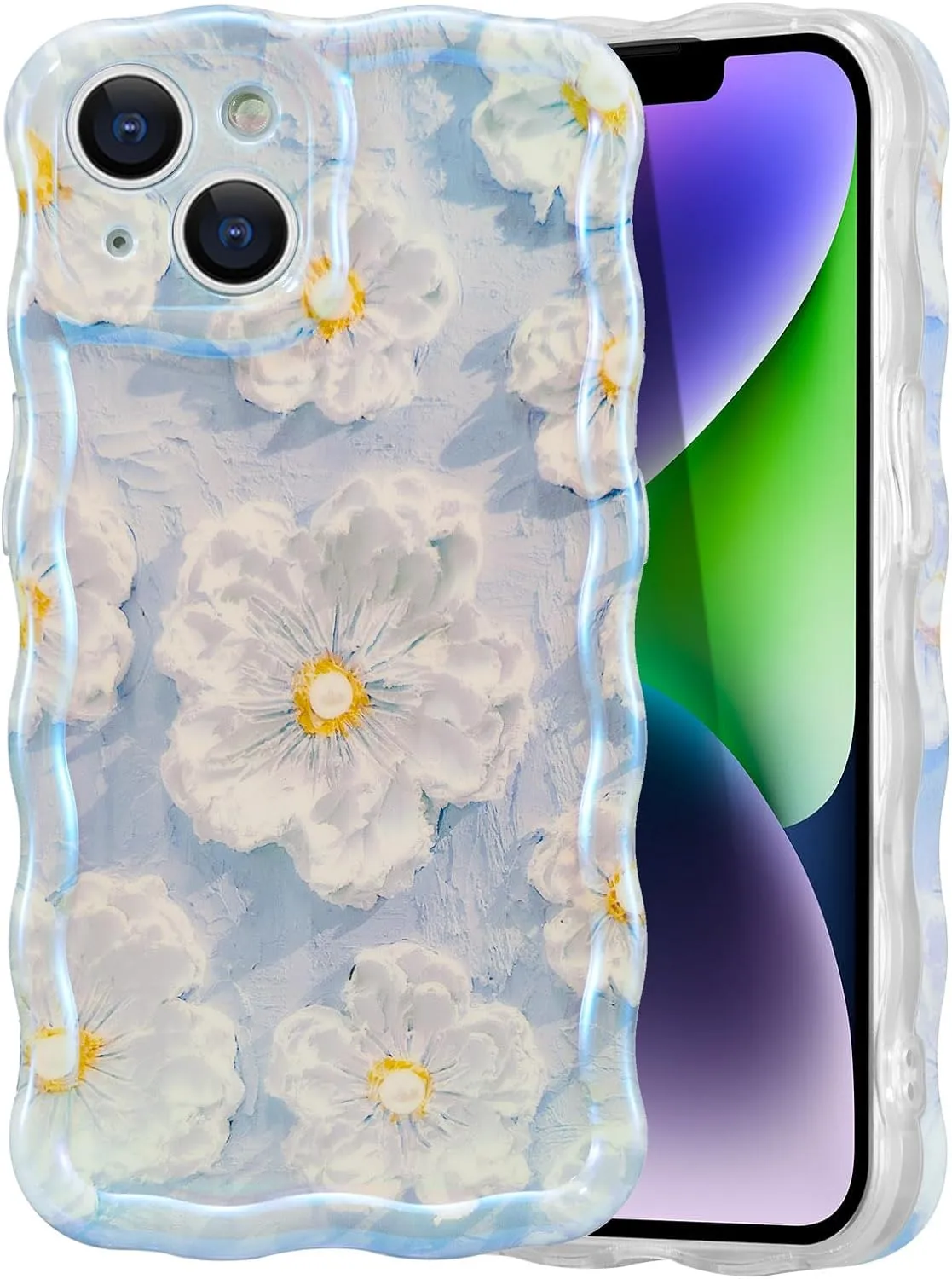 Case for iPhone 15 Pro Max, Colorful Retro Oil Painting Printed Flower Laser Glossy Pattern Cute Curly Wave Edge Exquisite Phone Cover Stylish Durable TPU Protective Case for Girls Women-Green