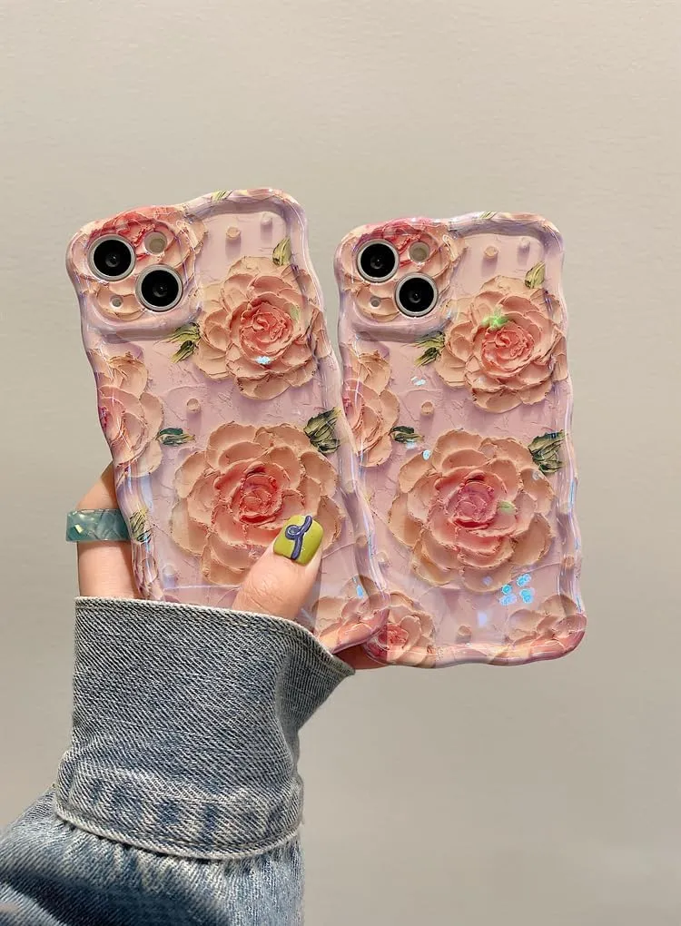 Case for iPhone 15 Pro Max, Colorful Retro Oil Painting Printed Flower Laser Glossy Pattern Cute Curly Wave Edge Exquisite Phone Cover Stylish Durable TPU Protective Case for Girls Women-Green