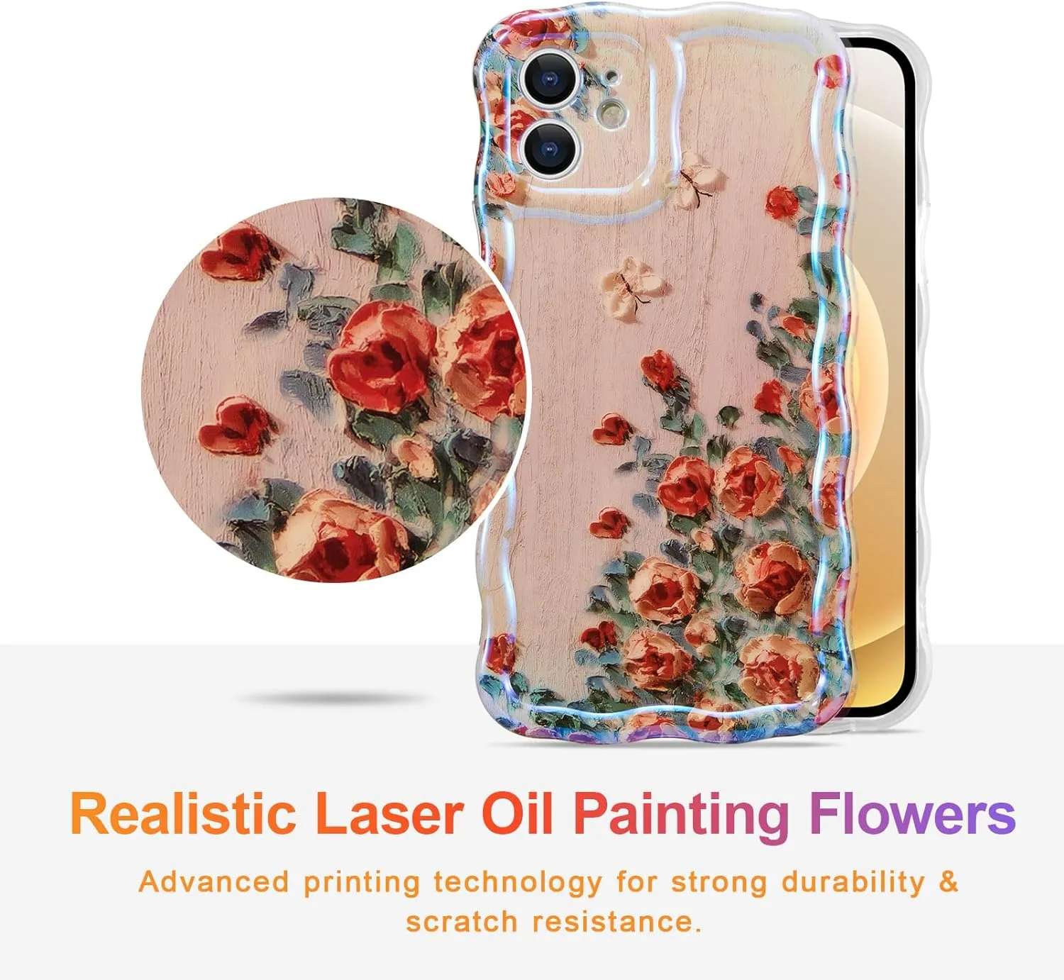 Case for iPhone 15 Pro Max, Colorful Retro Oil Painting Printed Flower Laser Glossy Pattern Cute Curly Wave Edge Exquisite Phone Cover Stylish Durable TPU Protective Case for Girls Women-Green