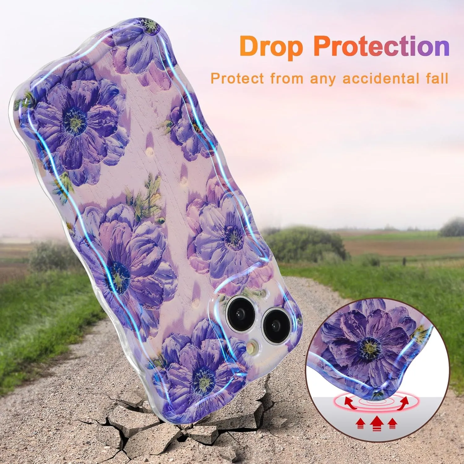 Case for iPhone 15 Pro Max, Colorful Retro Oil Painting Printed Flower Laser Glossy Pattern Cute Curly Wave Edge Exquisite Phone Cover Stylish Durable TPU Protective Case for Girls Women-Green