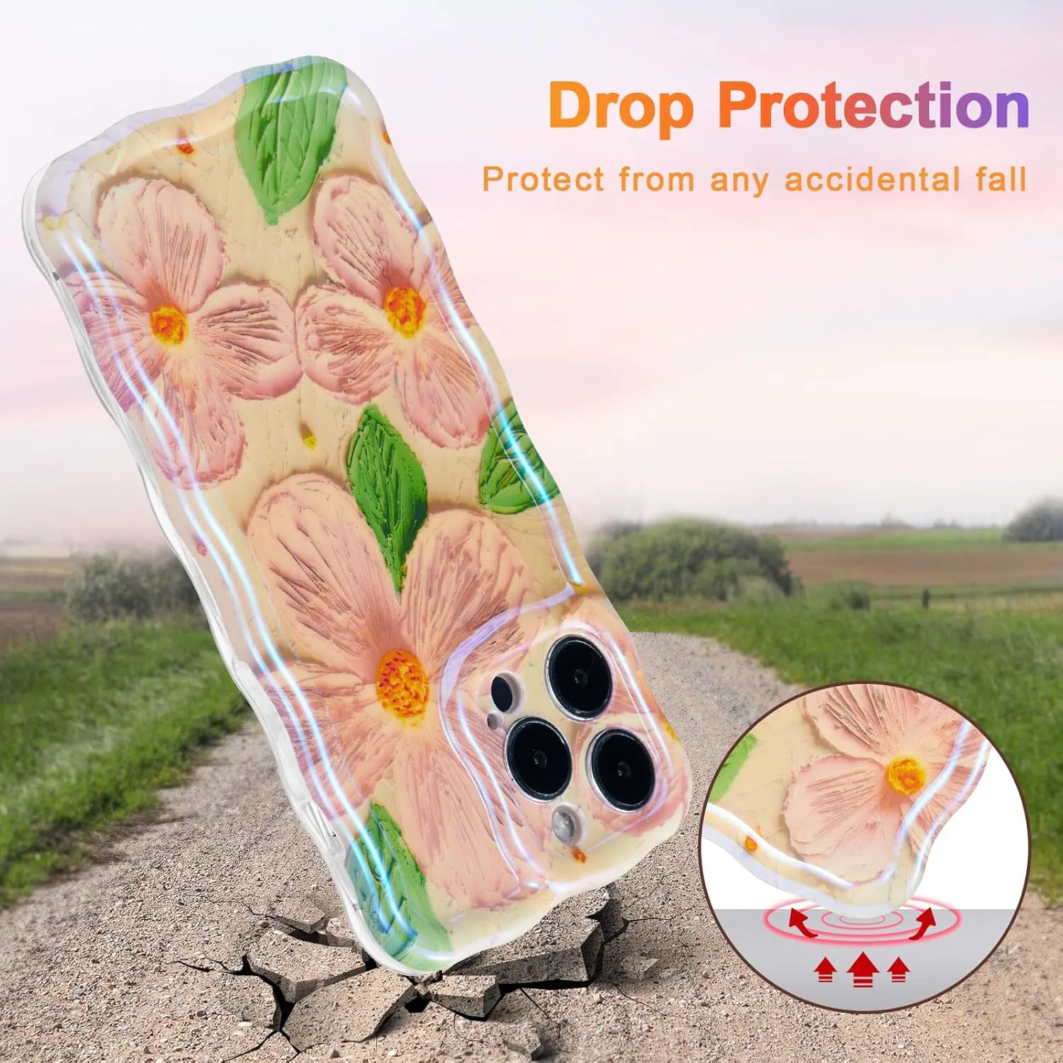 Case for iPhone 15 Pro Max, Colorful Retro Oil Painting Printed Flower Laser Glossy Pattern Cute Curly Wave Edge Exquisite Phone Cover Stylish Durable TPU Protective Case for Girls Women-Green