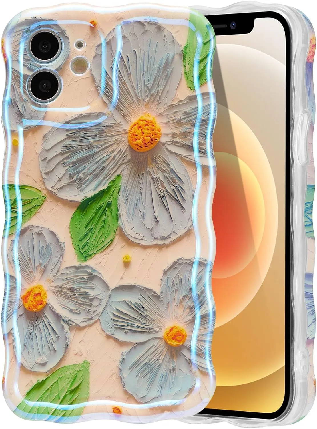 Case for iPhone 15 Pro Max, Colorful Retro Oil Painting Printed Flower Laser Glossy Pattern Cute Curly Wave Edge Exquisite Phone Cover Stylish Durable TPU Protective Case for Girls Women-Green