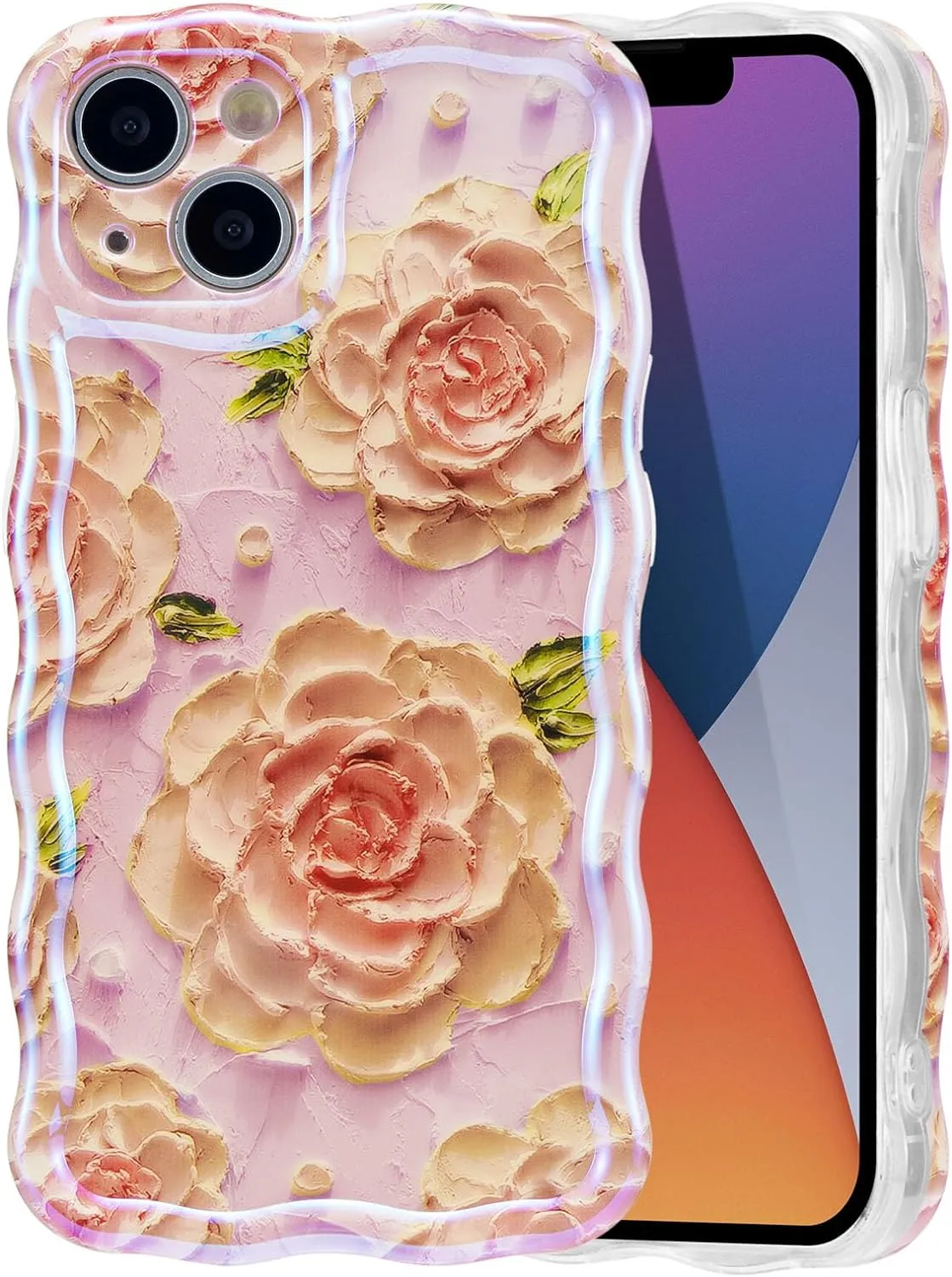 Case for iPhone 15 Pro Max, Colorful Retro Oil Painting Printed Flower Laser Glossy Pattern Cute Curly Wave Edge Exquisite Phone Cover Stylish Durable TPU Protective Case for Girls Women-Green