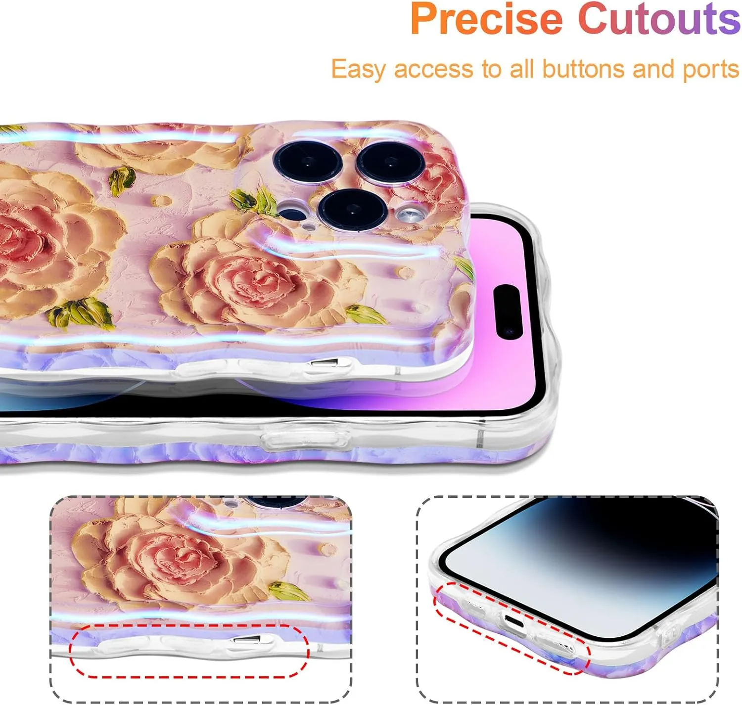 Case for iPhone 15 Pro Max, Colorful Retro Oil Painting Printed Flower Laser Glossy Pattern Cute Curly Wave Edge Exquisite Phone Cover Stylish Durable TPU Protective Case for Girls Women-Green