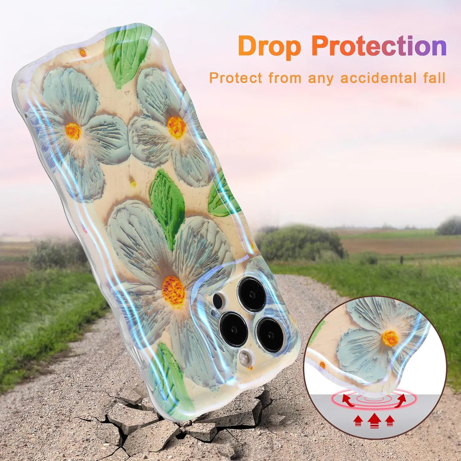 Case for iPhone 15 Pro Max, Colorful Retro Oil Painting Printed Flower Laser Glossy Pattern Cute Curly Wave Edge Exquisite Phone Cover Stylish Durable TPU Protective Case for Girls Women-Green