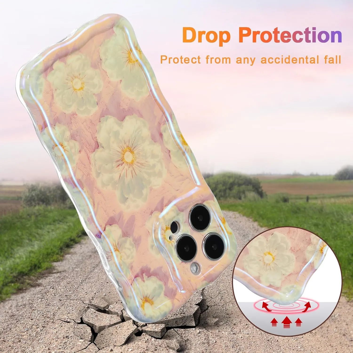 Case for iPhone 15 Pro Max, Colorful Retro Oil Painting Printed Flower Laser Glossy Pattern Cute Curly Wave Edge Exquisite Phone Cover Stylish Durable TPU Protective Case for Girls Women-Green