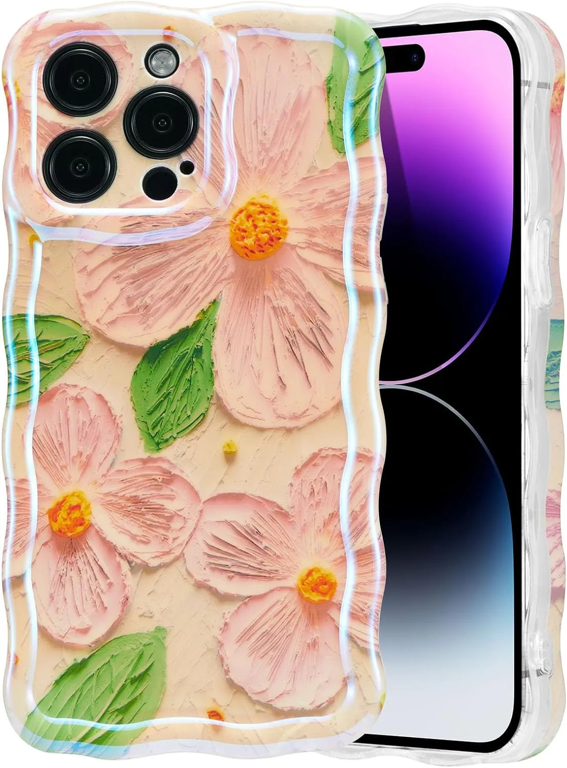 Case for iPhone 15 Pro Max, Colorful Retro Oil Painting Printed Flower Laser Glossy Pattern Cute Curly Wave Edge Exquisite Phone Cover Stylish Durable TPU Protective Case for Girls Women-Green