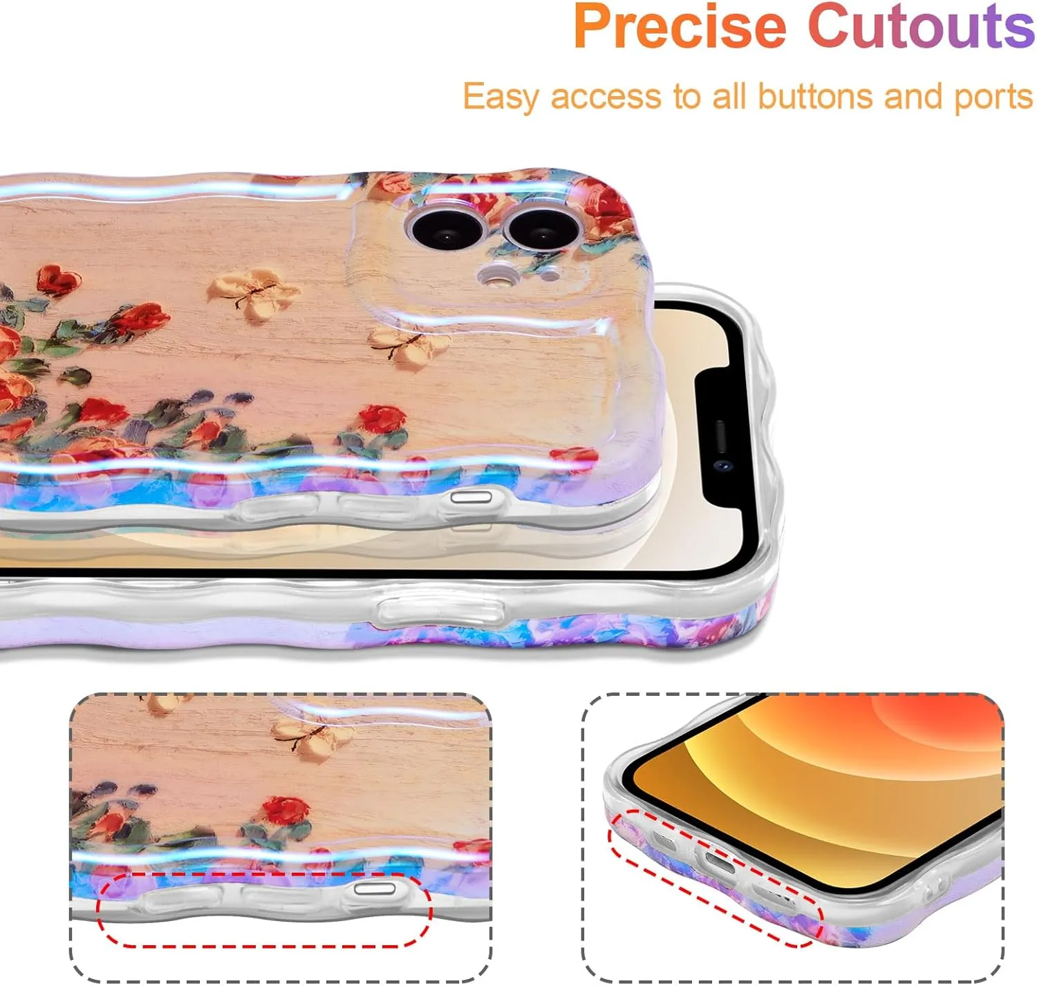 Case for iPhone 15 Pro Max, Colorful Retro Oil Painting Printed Flower Laser Glossy Pattern Cute Curly Wave Edge Exquisite Phone Cover Stylish Durable TPU Protective Case for Girls Women-Green