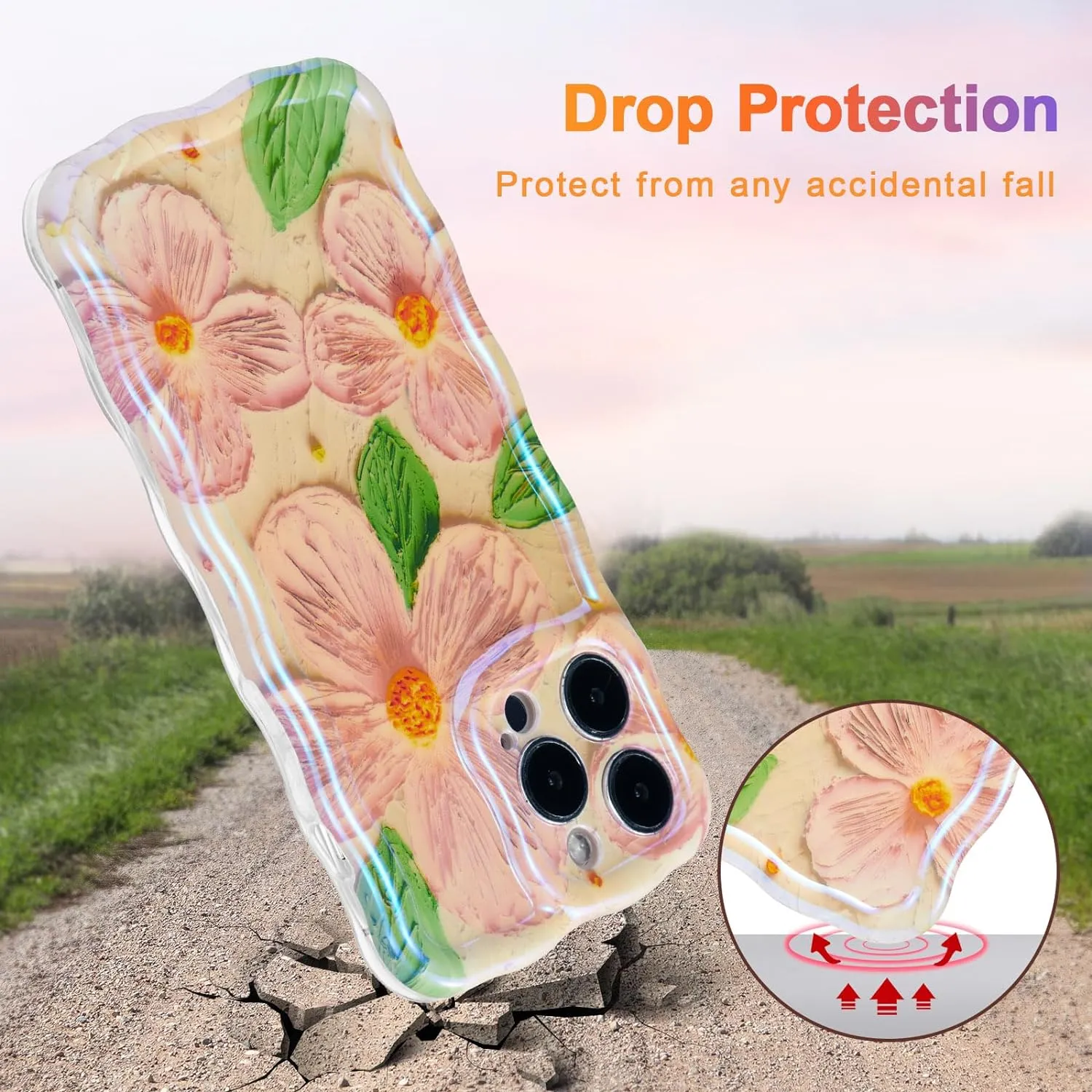 Case for iPhone 15 Pro Max, Colorful Retro Oil Painting Printed Flower Laser Glossy Pattern Cute Curly Wave Edge Exquisite Phone Cover Stylish Durable TPU Protective Case for Girls Women-Green