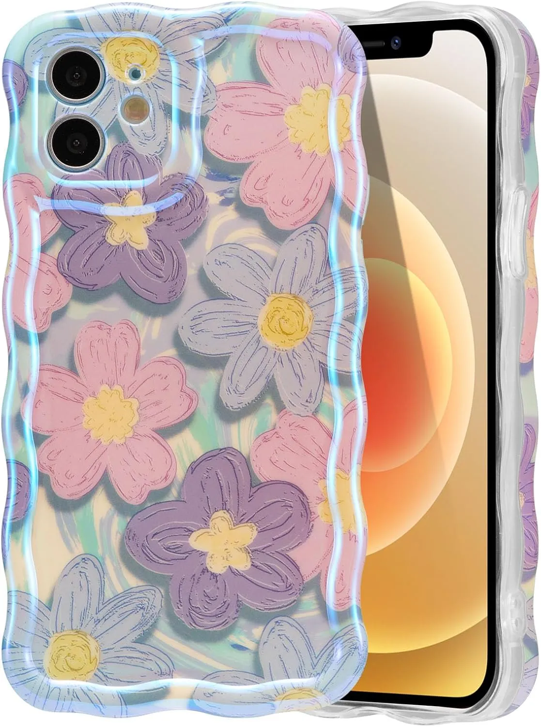 Case for iPhone 15 Pro Max, Colorful Retro Oil Painting Printed Flower Laser Glossy Pattern Cute Curly Wave Edge Exquisite Phone Cover Stylish Durable TPU Protective Case for Girls Women-Green