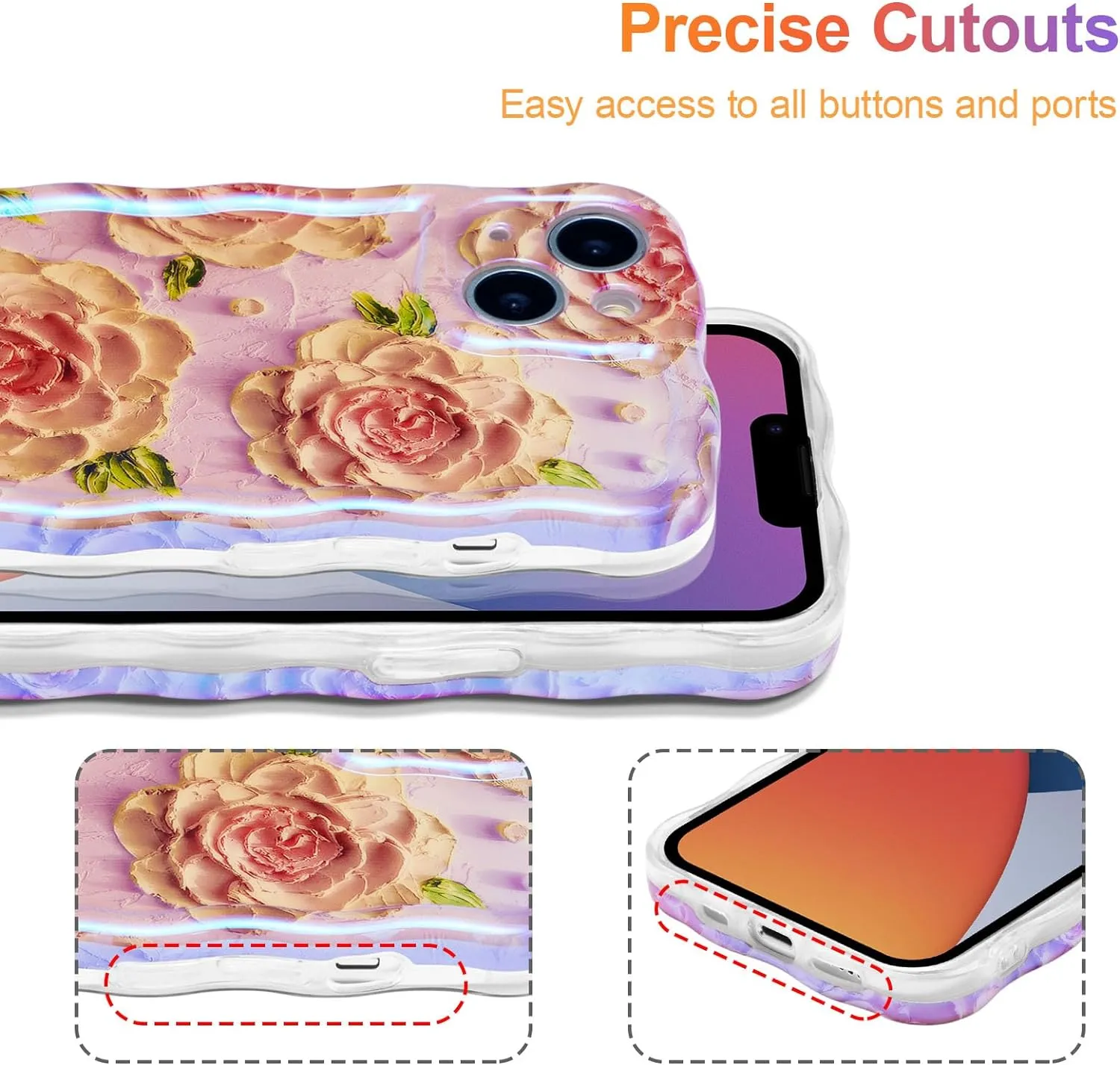 Case for iPhone 15 Pro Max, Colorful Retro Oil Painting Printed Flower Laser Glossy Pattern Cute Curly Wave Edge Exquisite Phone Cover Stylish Durable TPU Protective Case for Girls Women-Green