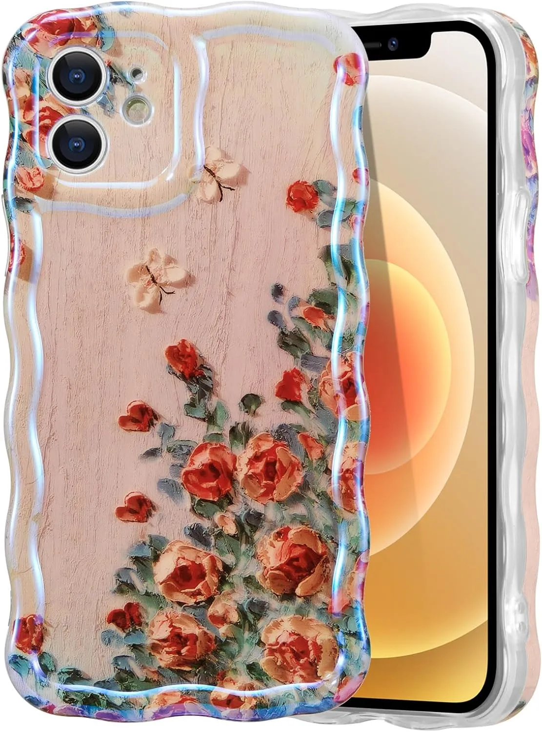 Case for iPhone 15 Pro Max, Colorful Retro Oil Painting Printed Flower Laser Glossy Pattern Cute Curly Wave Edge Exquisite Phone Cover Stylish Durable TPU Protective Case for Girls Women-Green