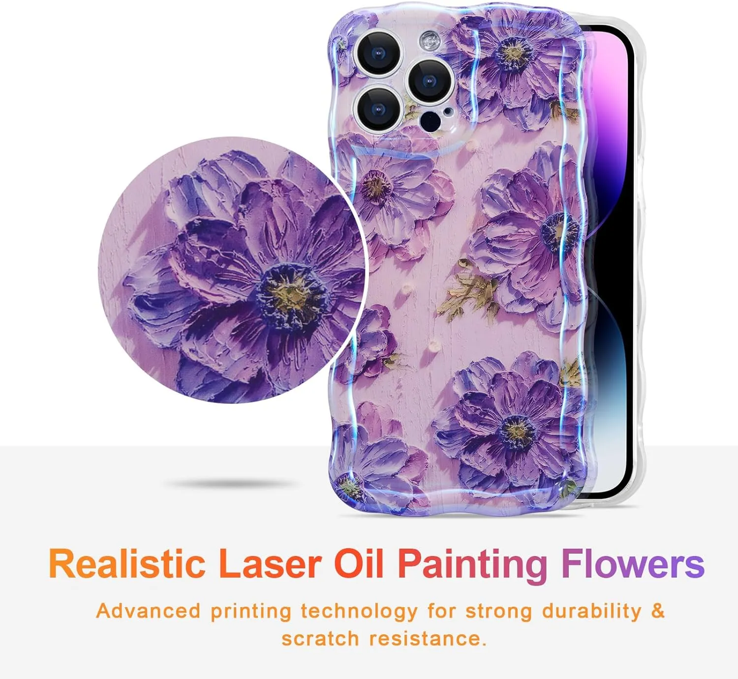 Case for iPhone 15 Pro Max, Colorful Retro Oil Painting Printed Flower Laser Glossy Pattern Cute Curly Wave Edge Exquisite Phone Cover Stylish Durable TPU Protective Case for Girls Women-Green