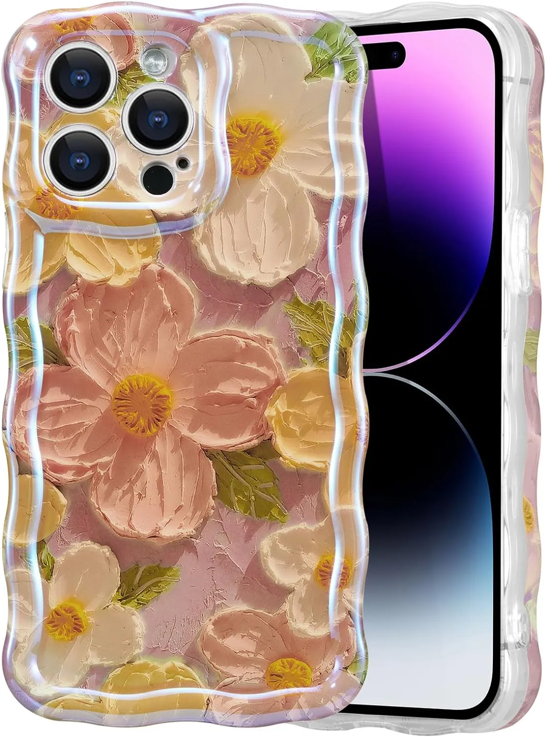Case for iPhone 15 Pro Max, Colorful Retro Oil Painting Printed Flower Laser Glossy Pattern Cute Curly Wave Edge Exquisite Phone Cover Stylish Durable TPU Protective Case for Girls Women-Green