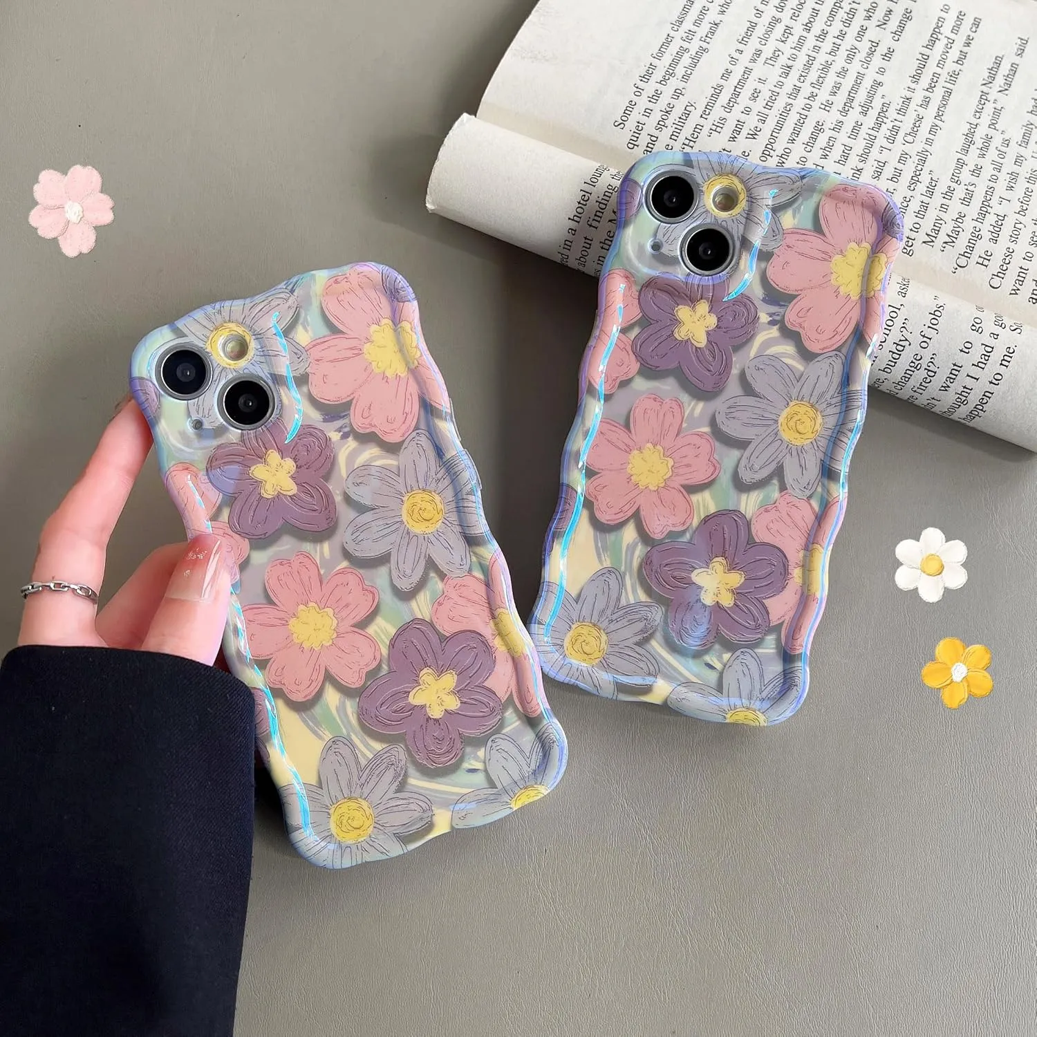Case for iPhone 15 Pro Max, Colorful Retro Oil Painting Printed Flower Laser Glossy Pattern Cute Curly Wave Edge Exquisite Phone Cover Stylish Durable TPU Protective Case for Girls Women-Green