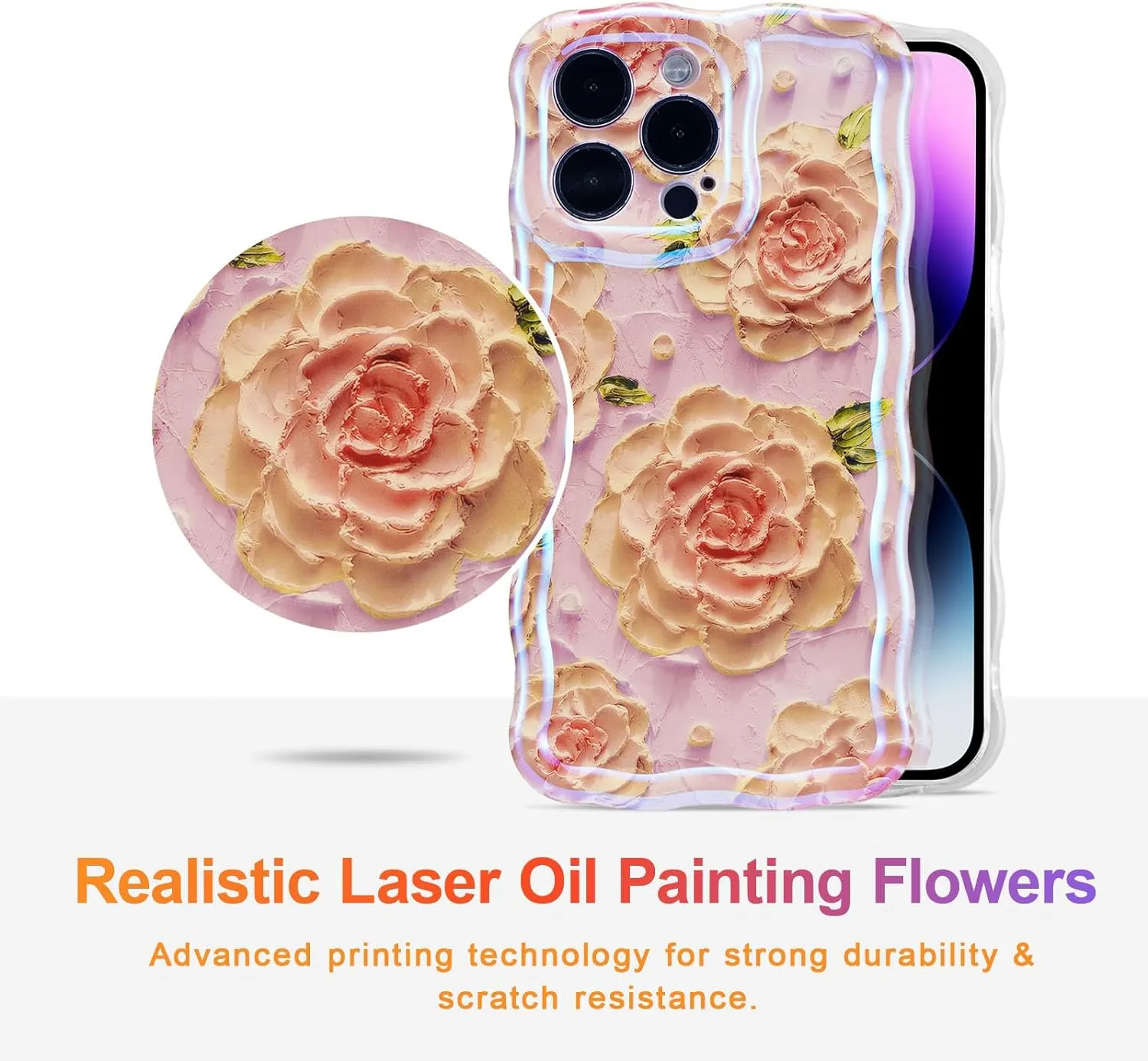 Case for iPhone 15 Pro Max, Colorful Retro Oil Painting Printed Flower Laser Glossy Pattern Cute Curly Wave Edge Exquisite Phone Cover Stylish Durable TPU Protective Case for Girls Women-Green