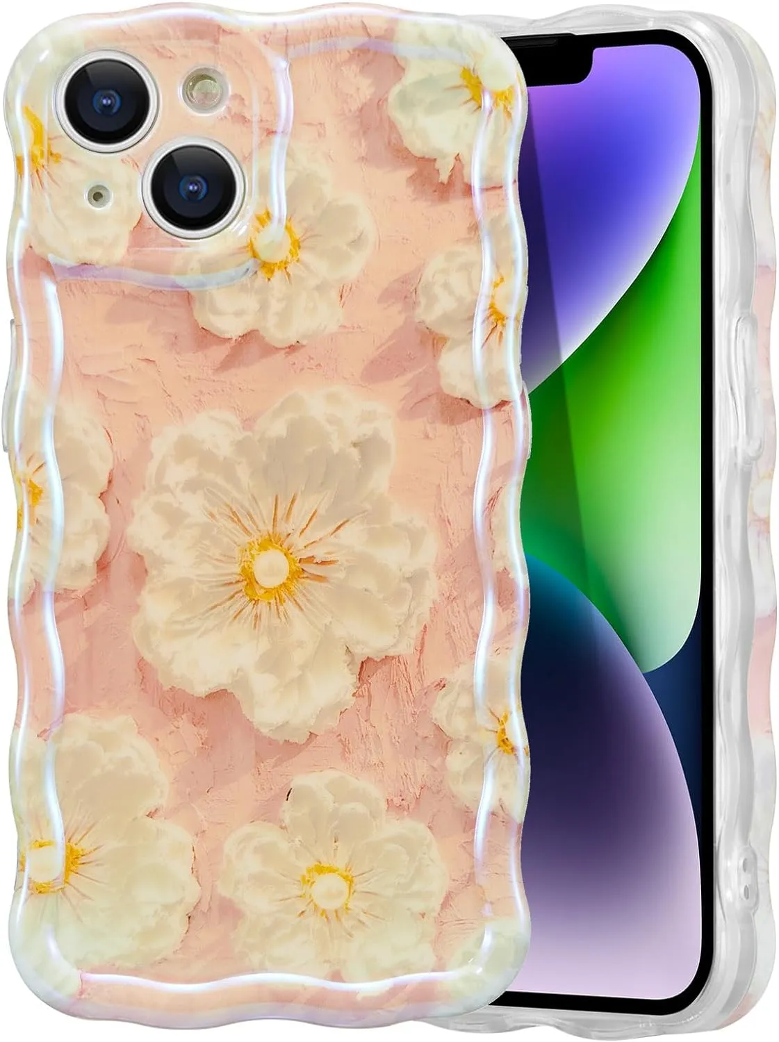Case for iPhone 15 Pro Max, Colorful Retro Oil Painting Printed Flower Laser Glossy Pattern Cute Curly Wave Edge Exquisite Phone Cover Stylish Durable TPU Protective Case for Girls Women-Green