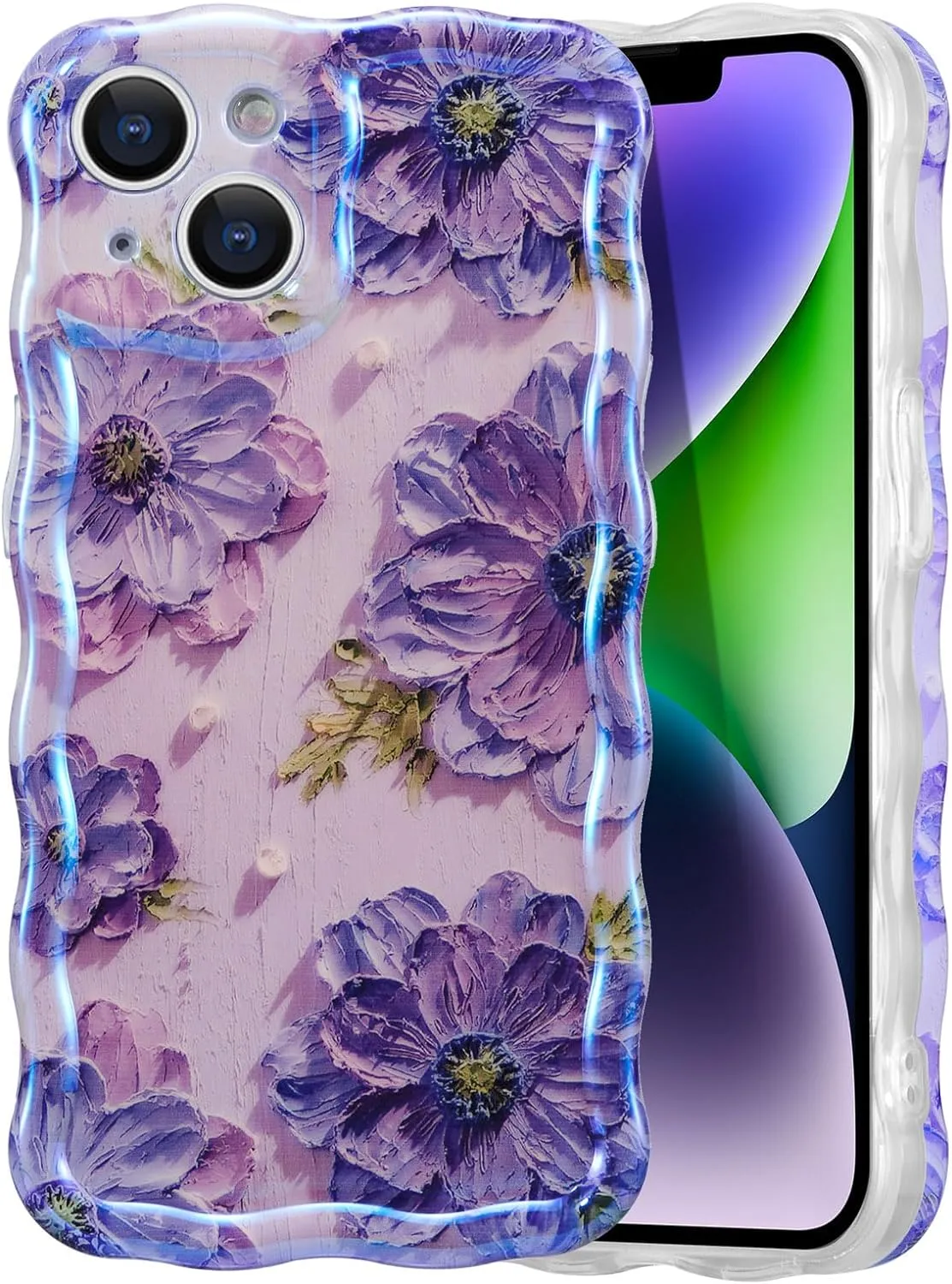 Case for iPhone 15 Pro Max, Colorful Retro Oil Painting Printed Flower Laser Glossy Pattern Cute Curly Wave Edge Exquisite Phone Cover Stylish Durable TPU Protective Case for Girls Women-Green