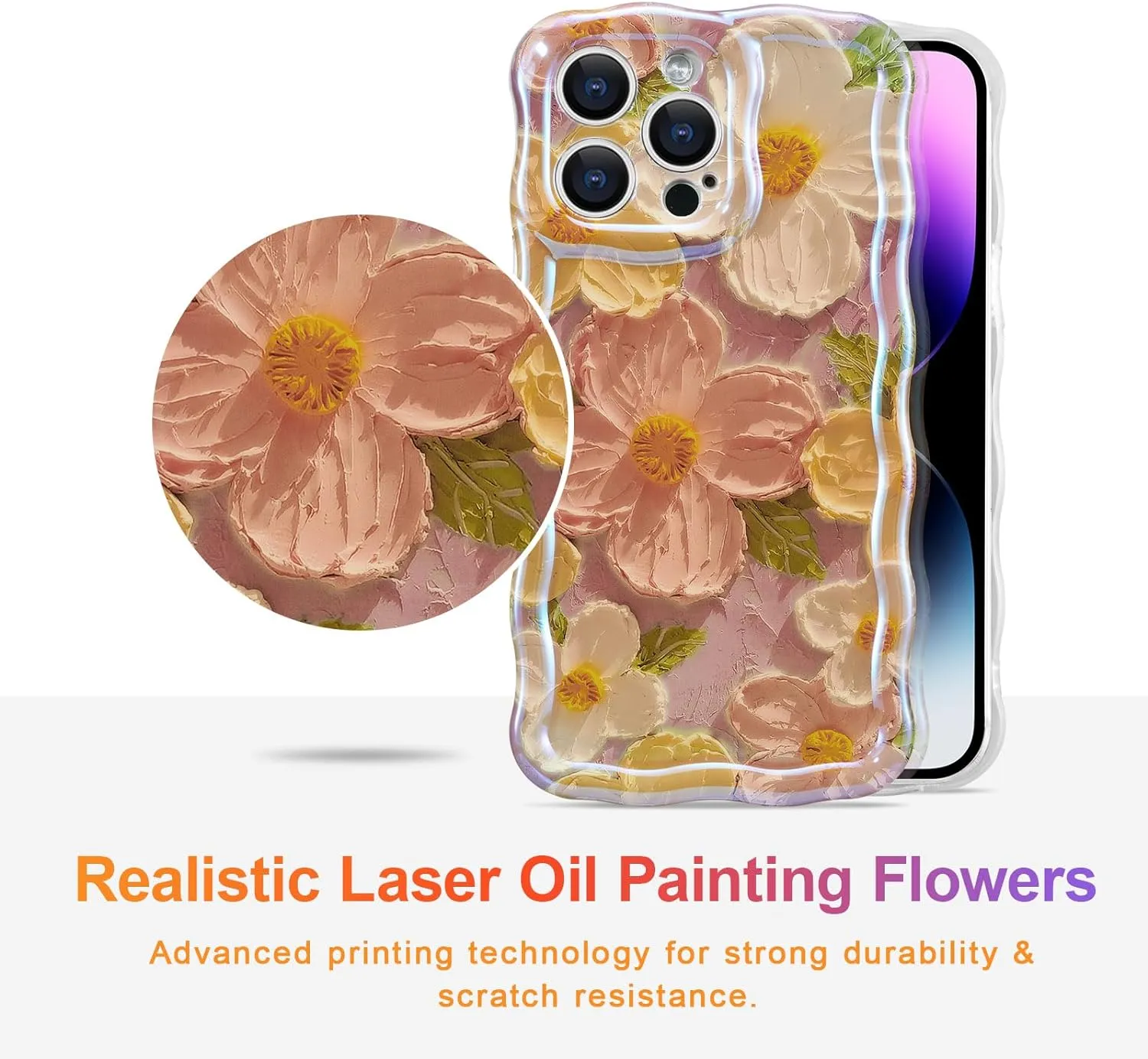 Case for iPhone 15 Pro Max, Colorful Retro Oil Painting Printed Flower Laser Glossy Pattern Cute Curly Wave Edge Exquisite Phone Cover Stylish Durable TPU Protective Case for Girls Women-Green