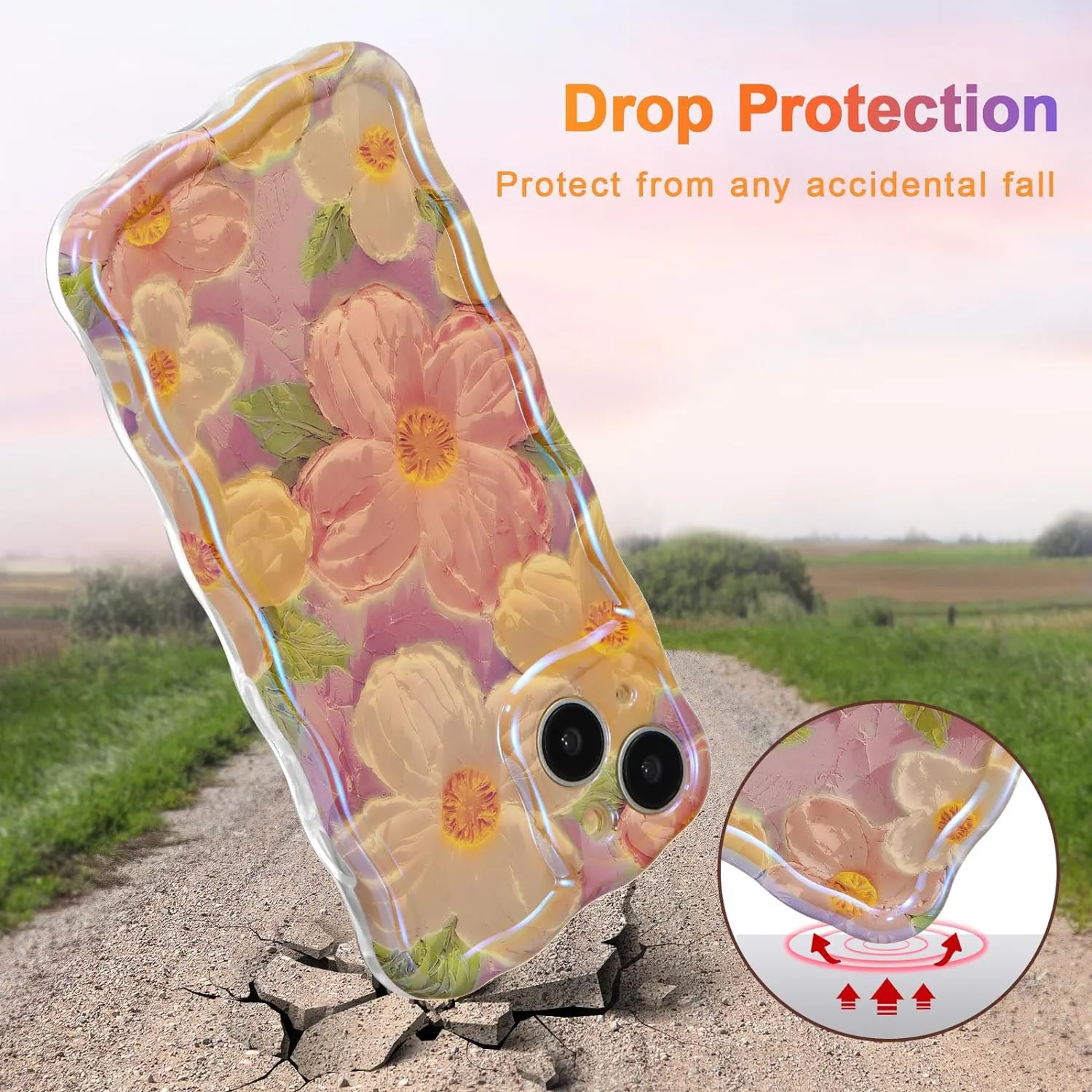 Case for iPhone 15 Pro Max, Colorful Retro Oil Painting Printed Flower Laser Glossy Pattern Cute Curly Wave Edge Exquisite Phone Cover Stylish Durable TPU Protective Case for Girls Women-Green