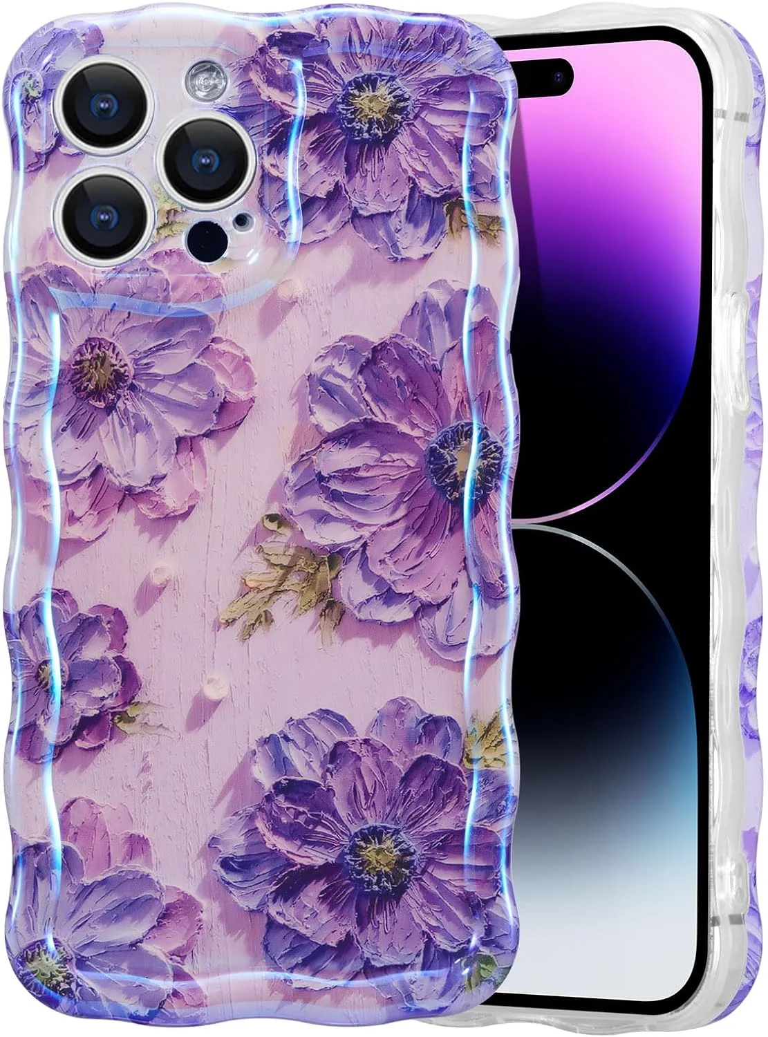 Case for iPhone 15 Pro Max, Colorful Retro Oil Painting Printed Flower Laser Glossy Pattern Cute Curly Wave Edge Exquisite Phone Cover Stylish Durable TPU Protective Case for Girls Women-Green