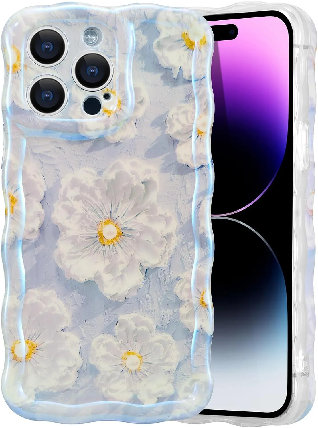 Case for iPhone 15 Pro Max, Colorful Retro Oil Painting Printed Flower Laser Glossy Pattern Cute Curly Wave Edge Exquisite Phone Cover Stylish Durable TPU Protective Case for Girls Women-Green