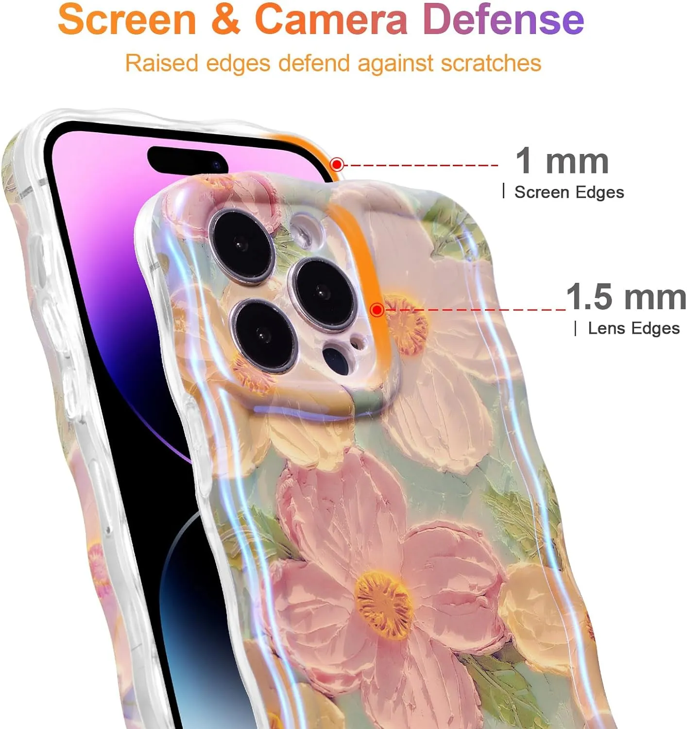 Case for iPhone 15 Pro Max, Colorful Retro Oil Painting Printed Flower Laser Glossy Pattern Cute Curly Wave Edge Exquisite Phone Cover Stylish Durable TPU Protective Case for Girls Women-Green