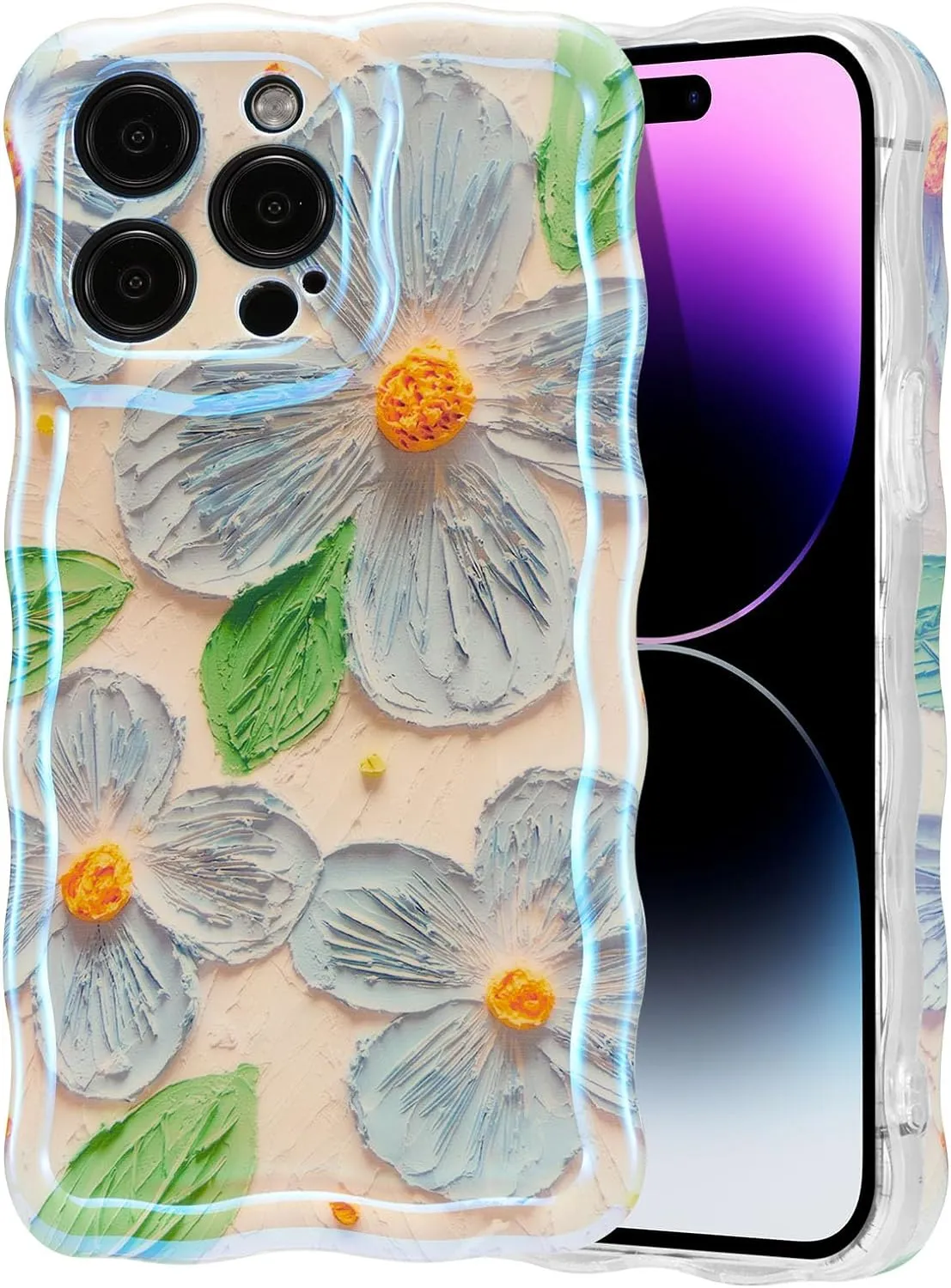 Case for iPhone 15 Pro Max, Colorful Retro Oil Painting Printed Flower Laser Glossy Pattern Cute Curly Wave Edge Exquisite Phone Cover Stylish Durable TPU Protective Case for Girls Women-Green