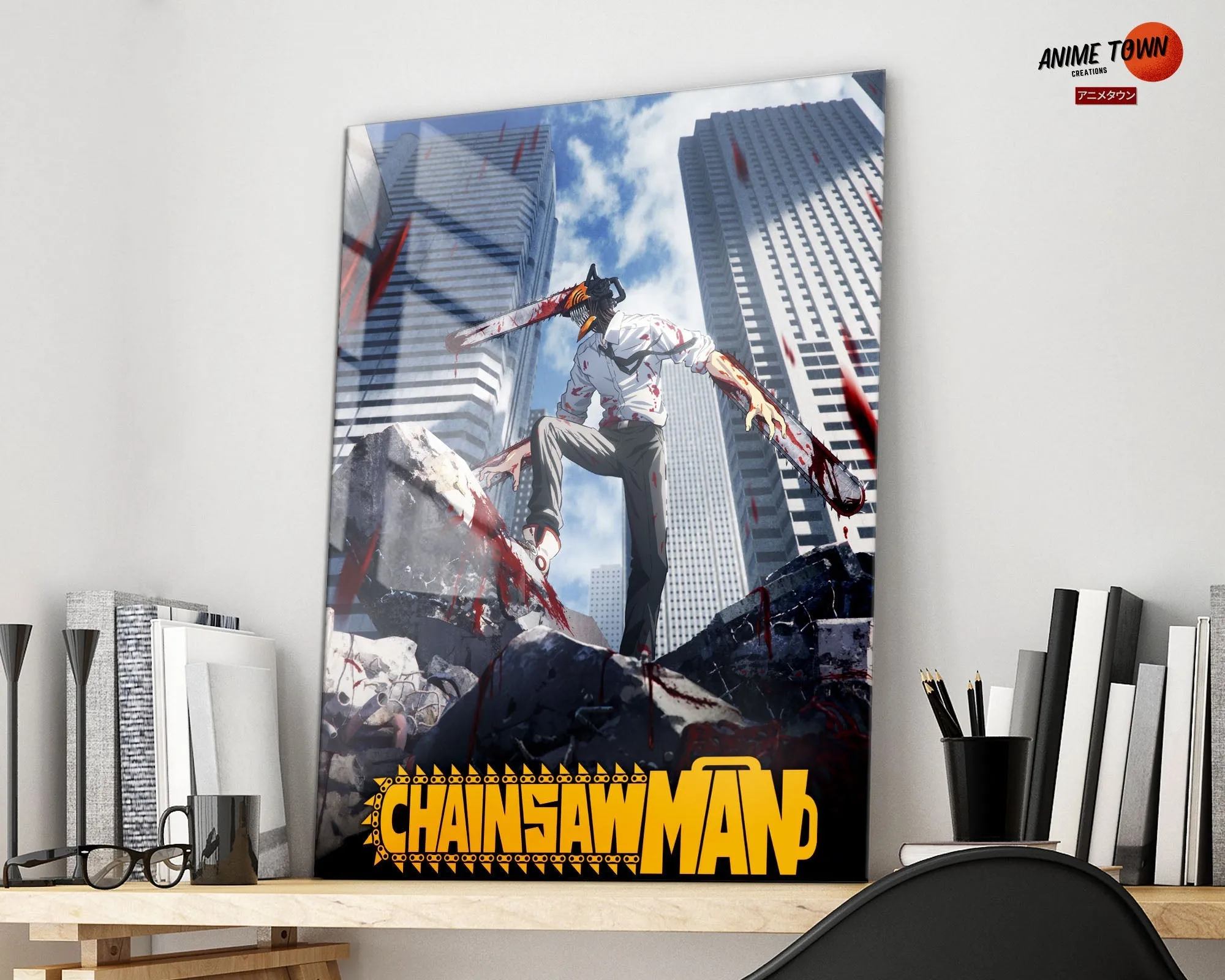 Chainsaw Man Cityscape Metal Poster