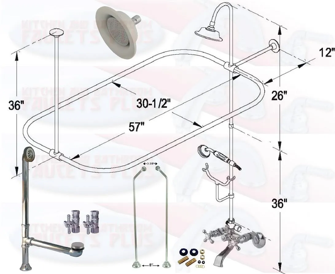 Chrome Clawfoot Tub Faucet Package Faucet, Oval Shower Enclosure W/Head, Drain & Supply Kit