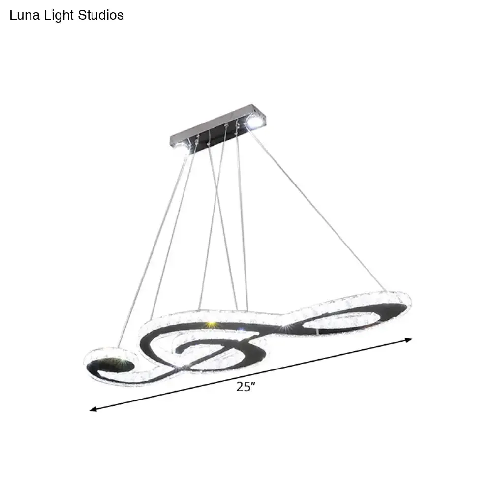 Contemporary Music Note Pendant Lamp with Crystal Facets | LED Bedroom Chandelier in Stainless Steel