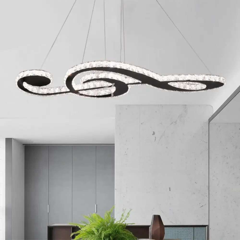 Contemporary Music Note Pendant Lamp with Crystal Facets | LED Bedroom Chandelier in Stainless Steel