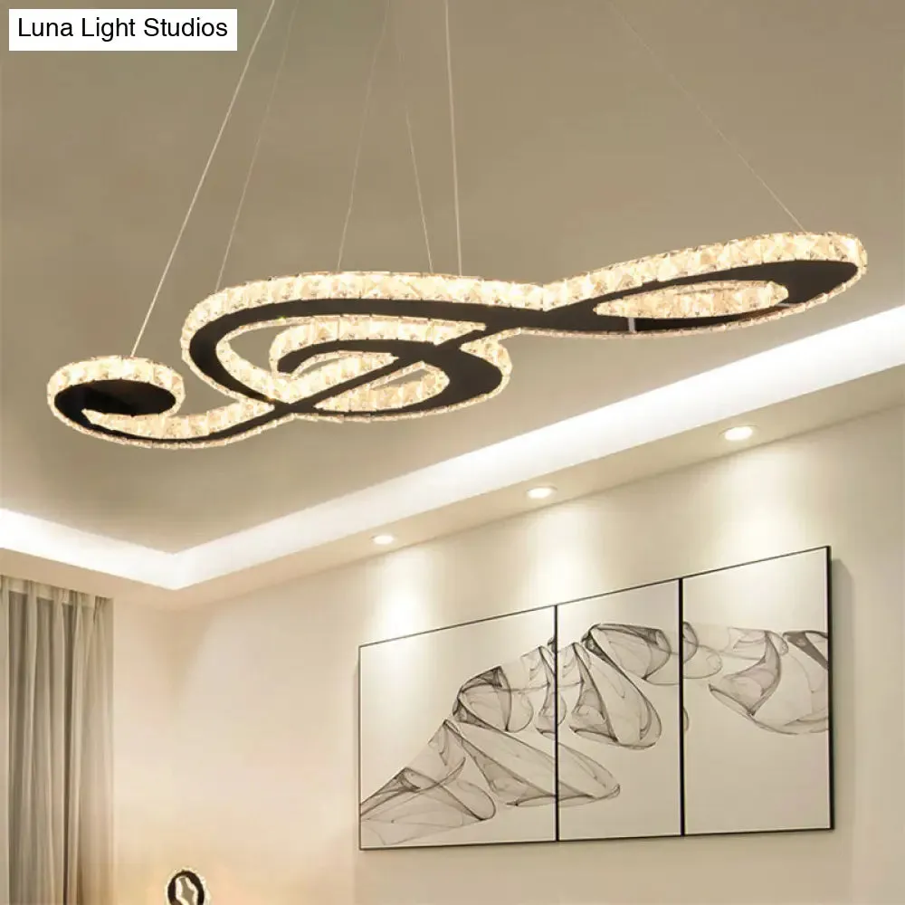 Contemporary Music Note Pendant Lamp with Crystal Facets | LED Bedroom Chandelier in Stainless Steel